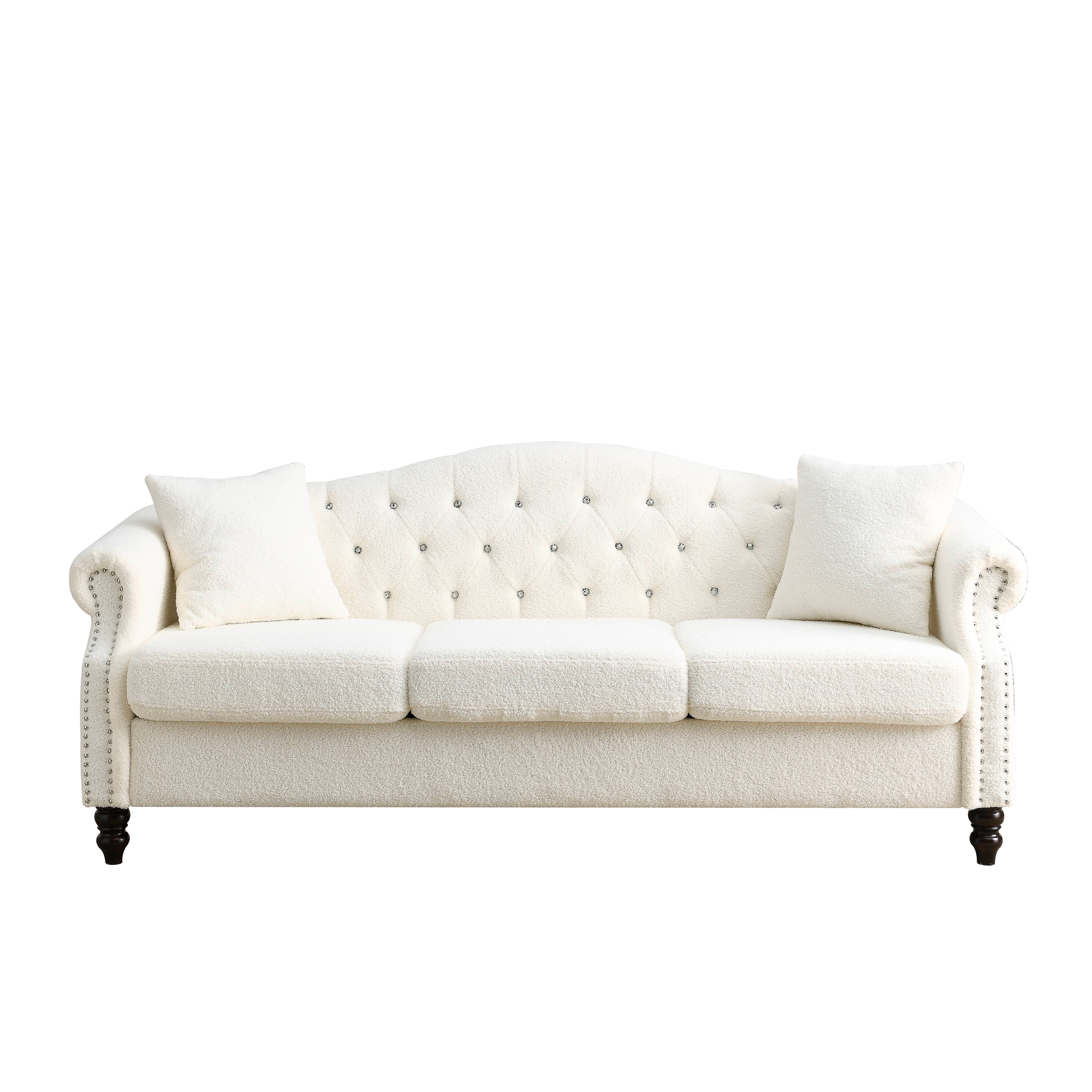 79" Chesterfield Sofa Teddy white for Living Room, 3 Seater Sofa Tufted Couch with Rolled Arms and Nailhead for Living Room, Bedroom, Office, Apartment, two pillows