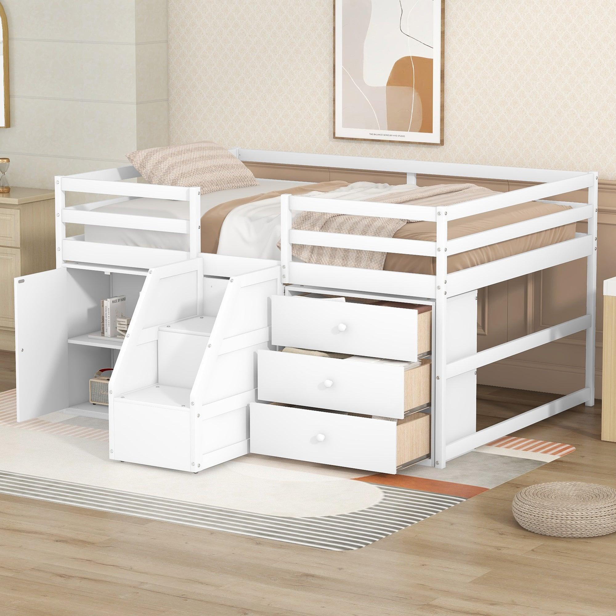 Full Size Functional Loft Bed with Cabinets and Drawers, Hanging Clothes at the back of the Staircase, White