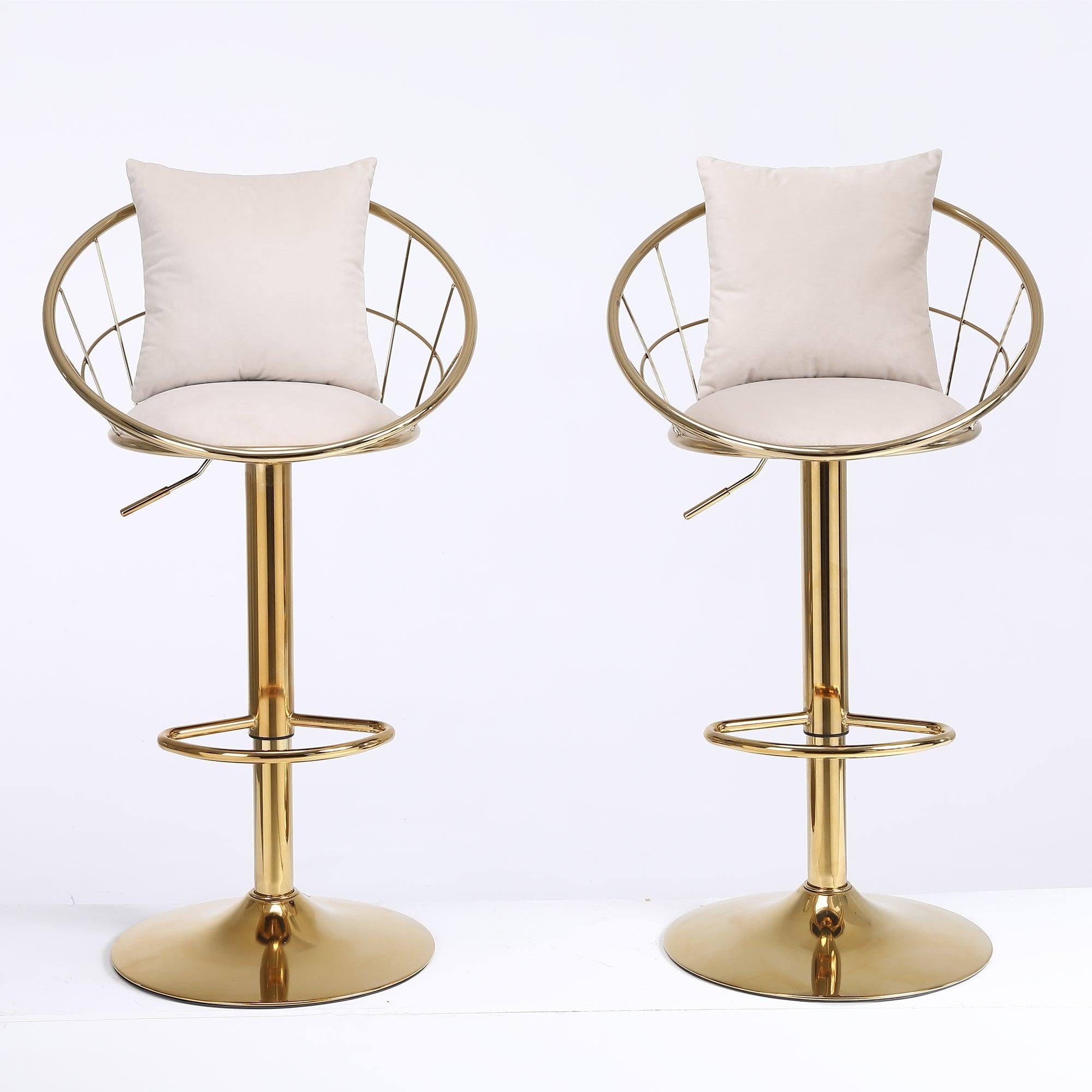 Off-White velvet bar chair, pure gold plated, unique design，360 degree rotation, adjustable height，Suitable for dinning room and bar，set of 2