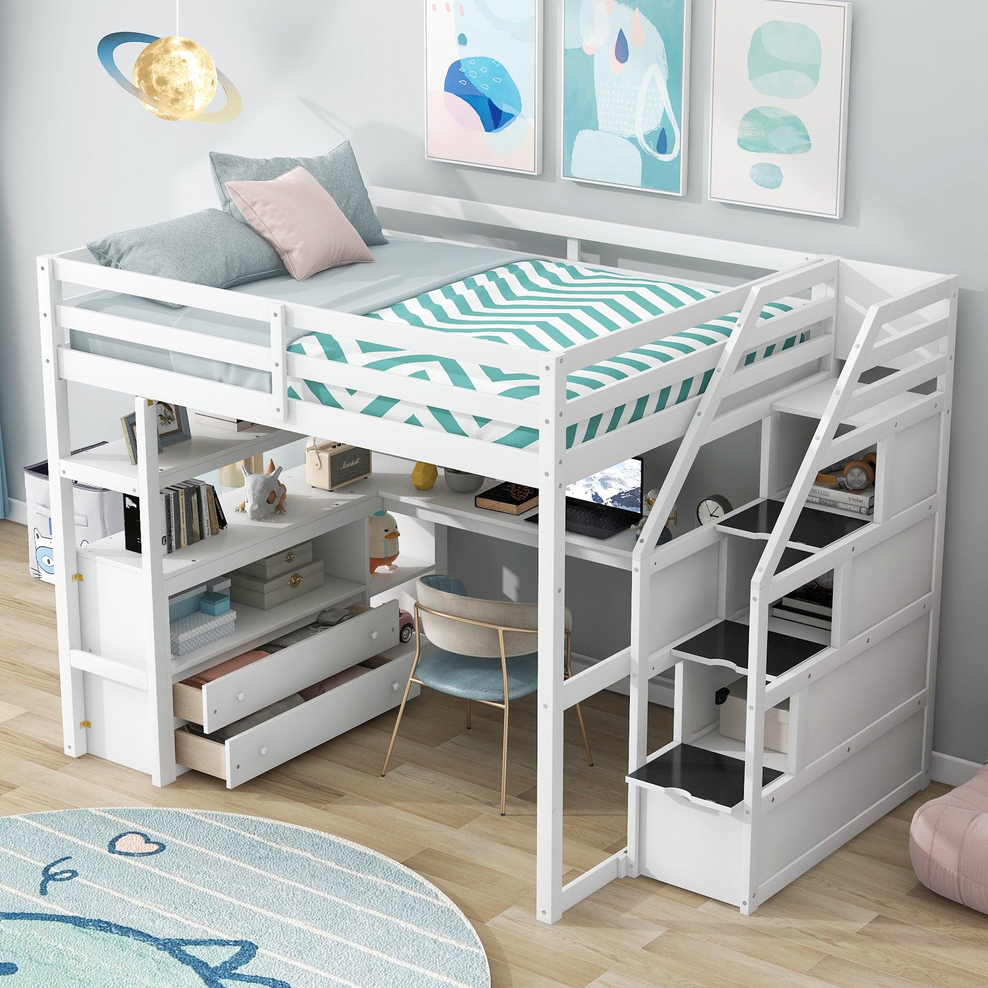 Full Size Loft Bed with Desk and Shelves, Two Built-in Drawers,Storage Staircase, White