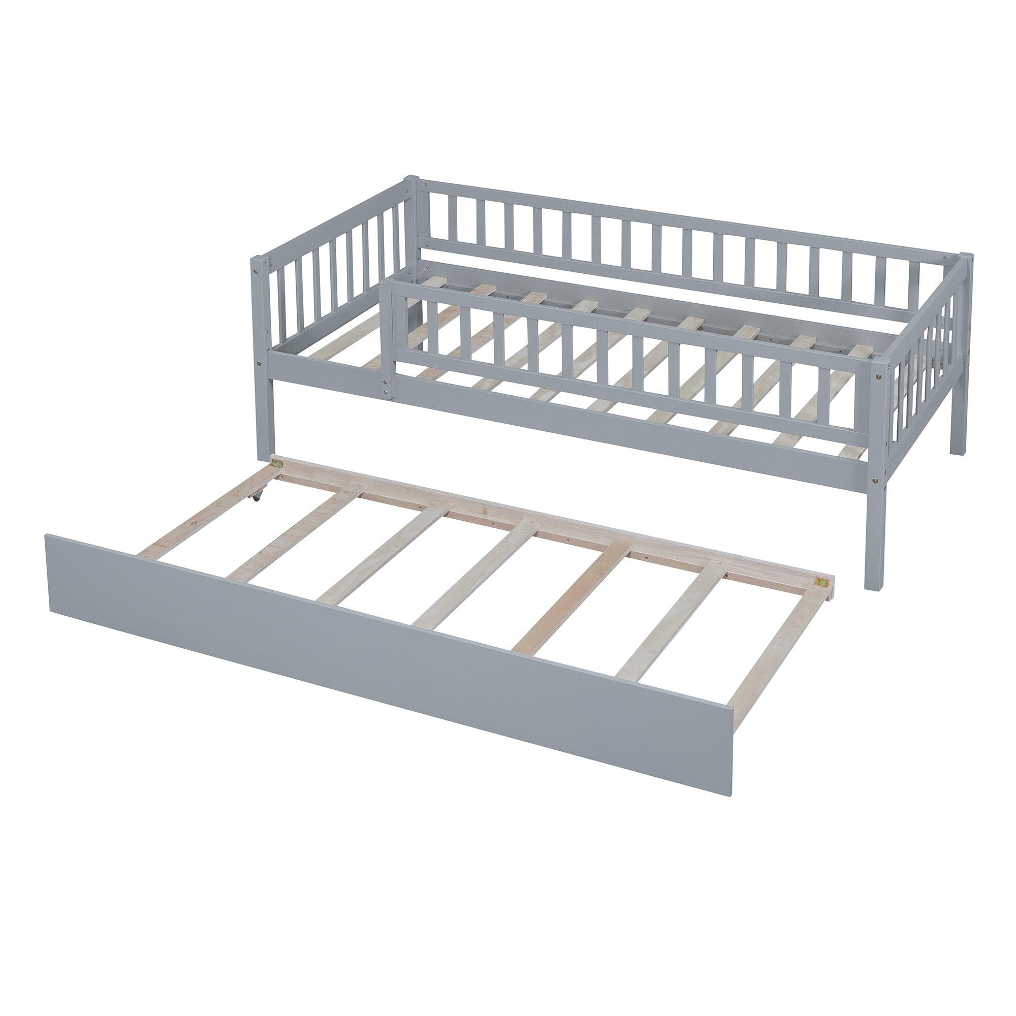 Twin Size Wood Daybed with Trundle and Fence Guardrails, Gray