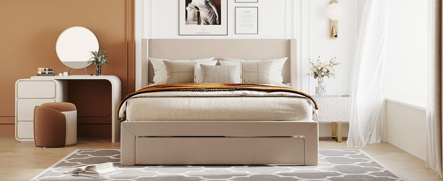 Queen SizeStorage Bed Velvet Upholstered Platform Bed with a Big Drawer - Beige