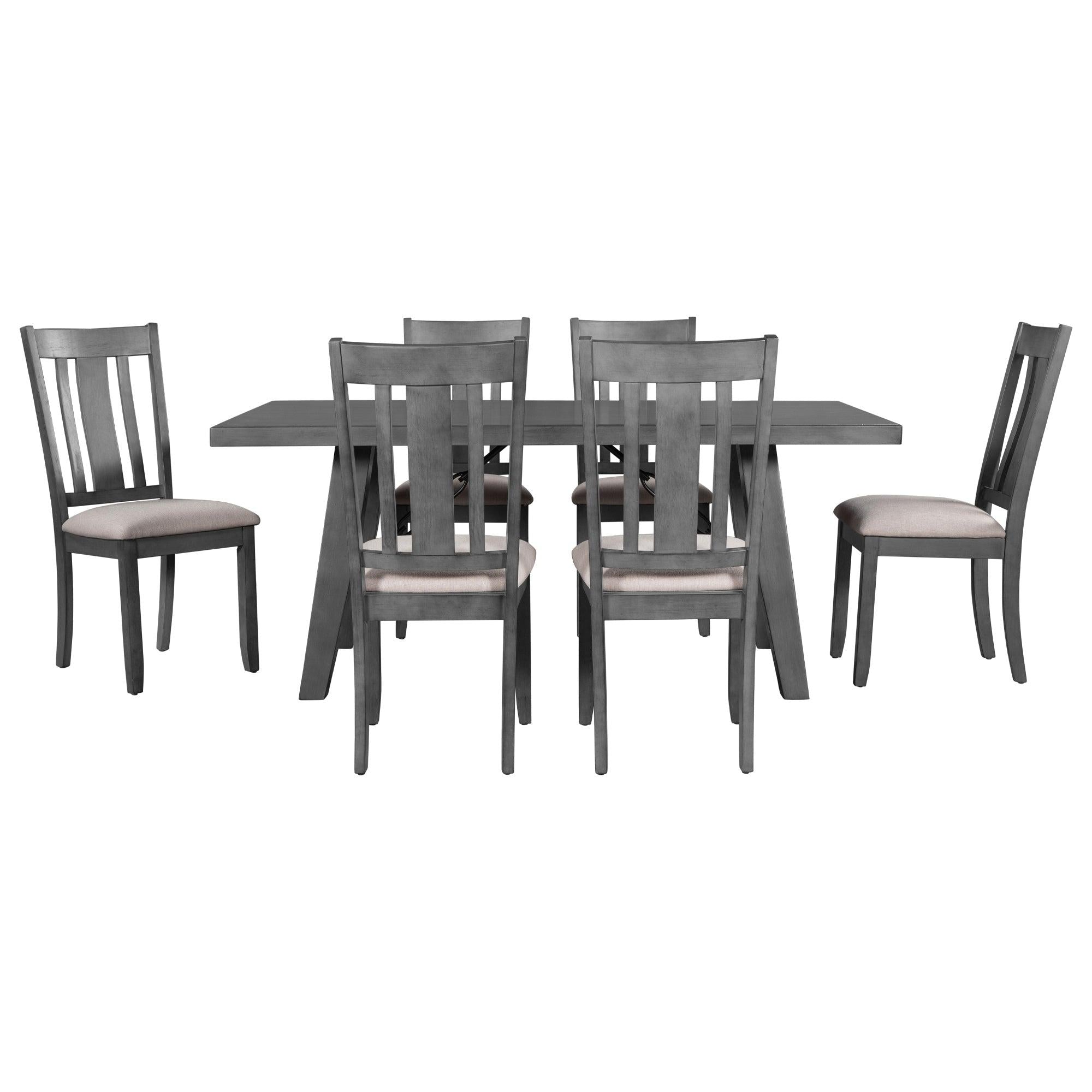 7-Piece Dining Room Set - 72" Industrial Style Rectangular Table with Chain Bracket and 6 Dining Chairs (Gray)