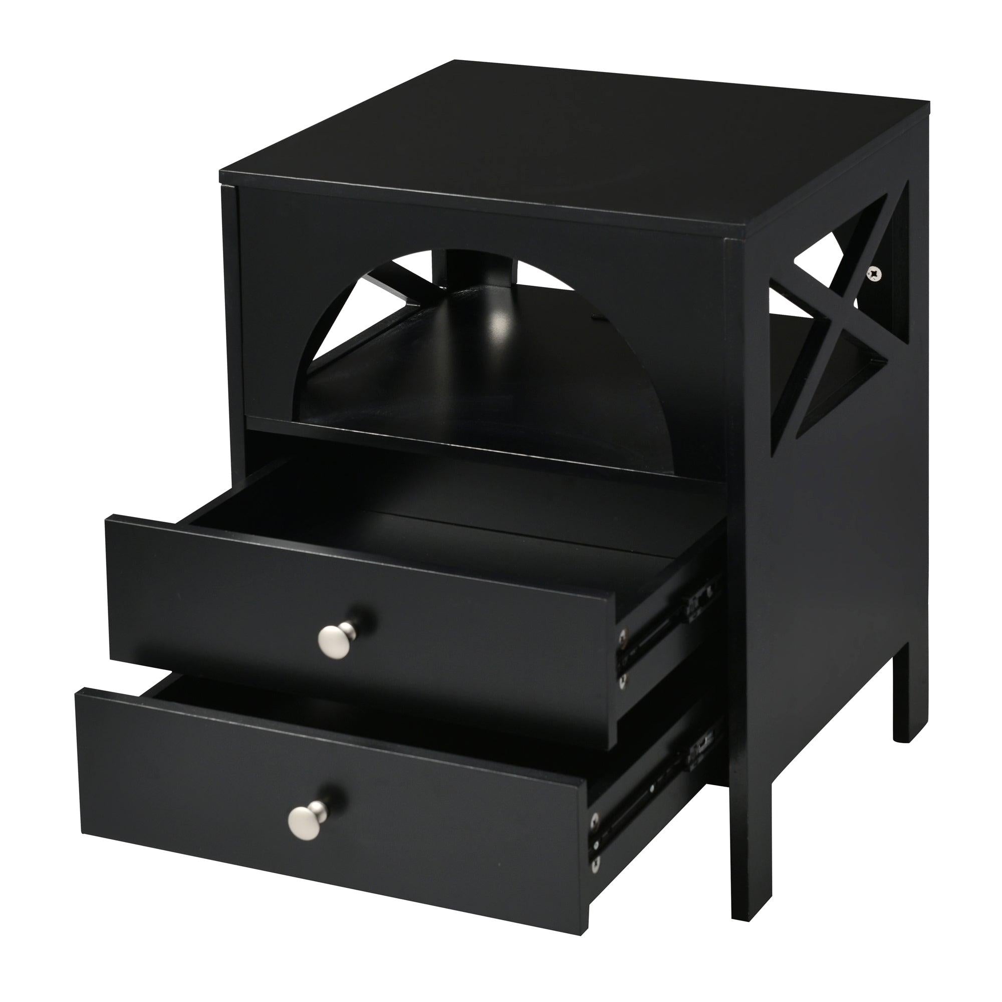 Nightstand with USB Charging Ports and LED Lights,End Table with 2 Drawers and Shelf,Black