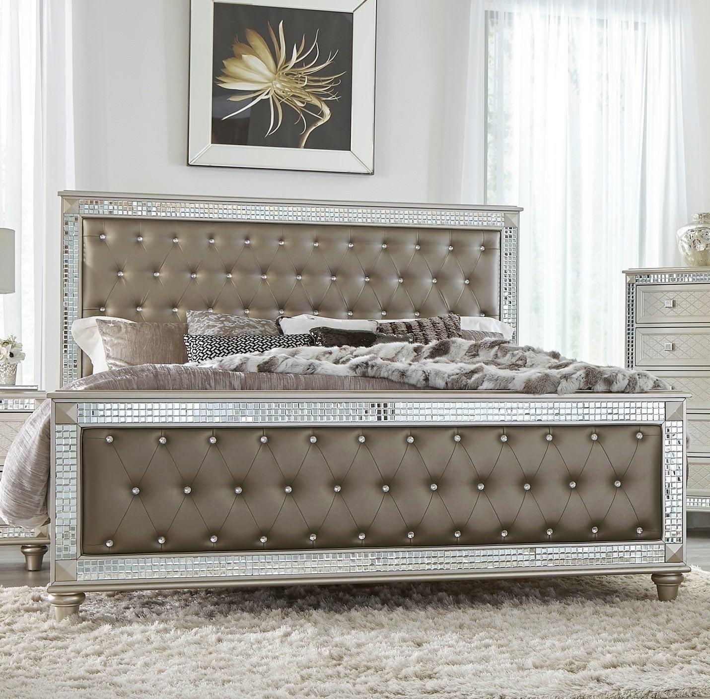 Glamorous Style Champagne Finish Queen Bed 1pc Upholstered Headboard Footboard Arcylic Crystals Trim TuftingModern Bedroom Furniture