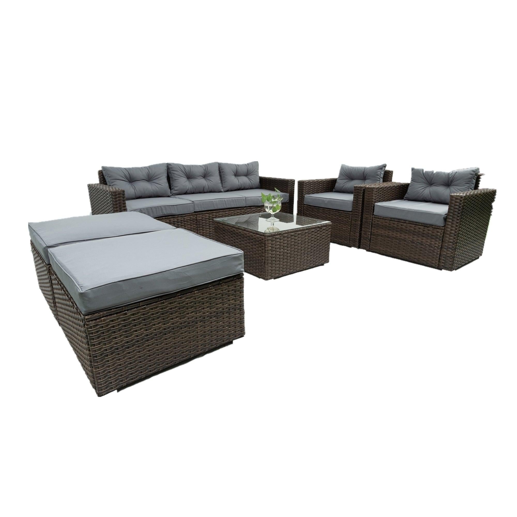 6 PCS Outdoor Patio Rattan Wicker Arrangeable Sofa Set with Removeable Cushions and Temper Glass Table Top