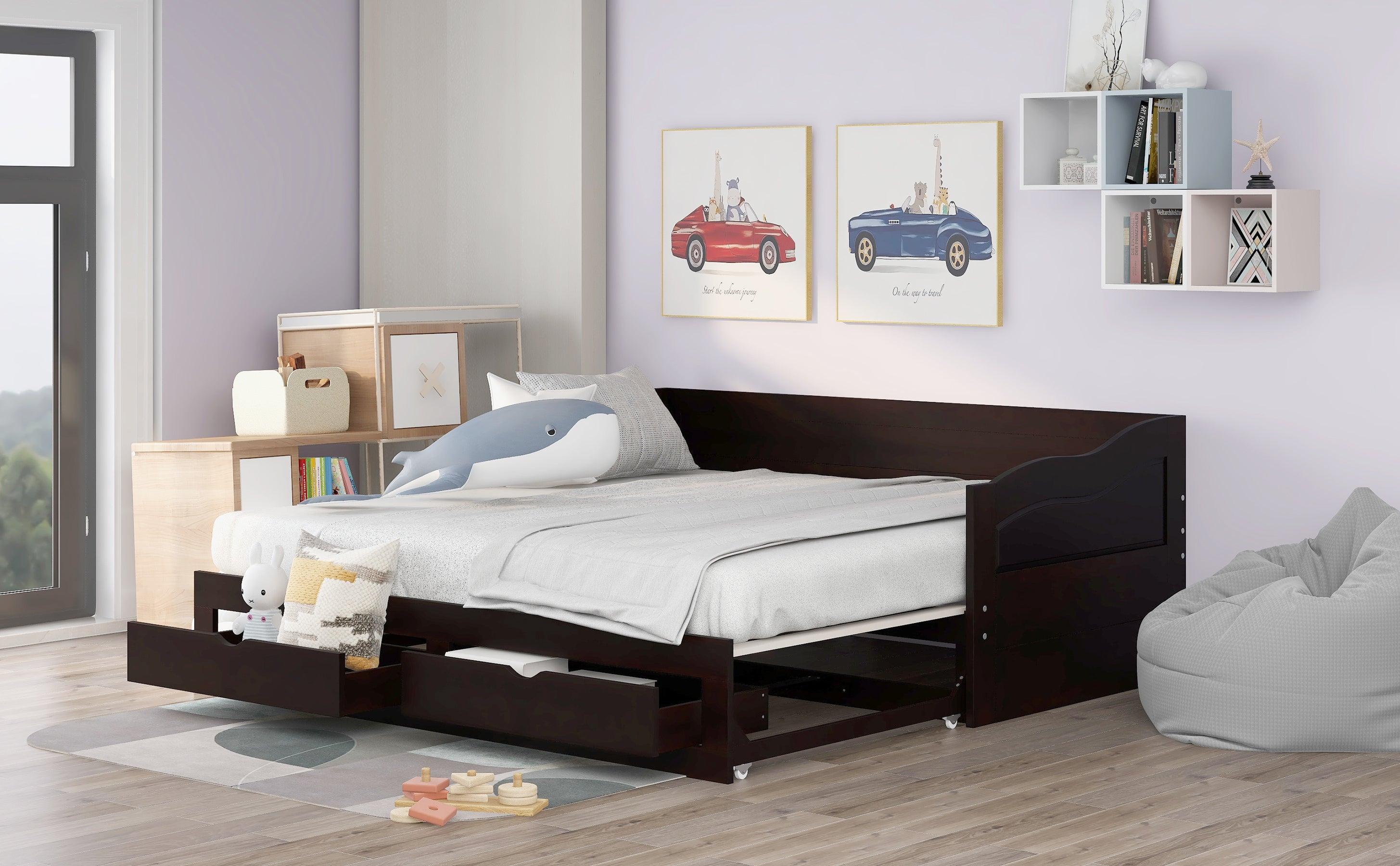 Wooden Daybed with Trundle Bed and TwoStorage Drawers , Extendable Bed Daybed,Sofa Bed with Two Drawers, Espresso