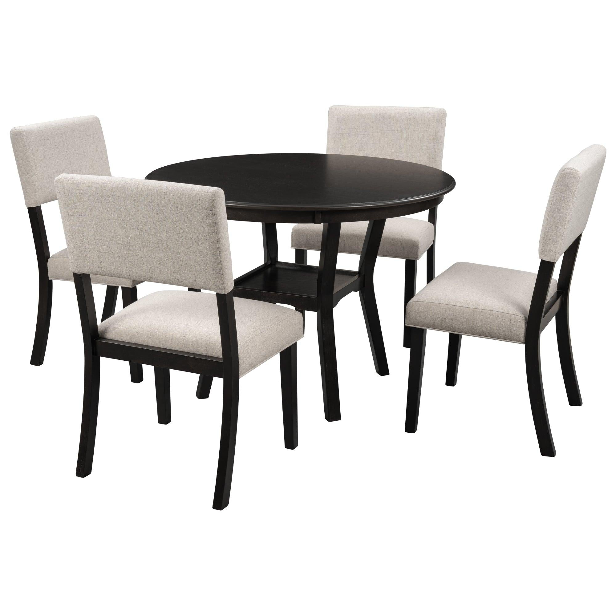 5-Piece Kitchen Dining Table Set Round Table with Bottom Shelf, 4 Upholstered Chairs for Dining Room（Espresso）