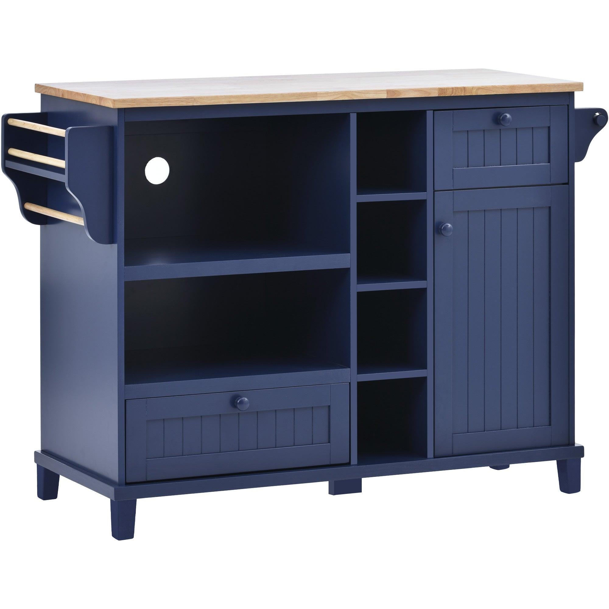 Kitchen Island Cart withStorage Cabinet and Two Locking Wheels,Solid wood desktop,Microwave cabinet,Floor Standing Buffet Server Sideboard for Kitchen Room,Dining Room,, Bathroom（Dark blue）