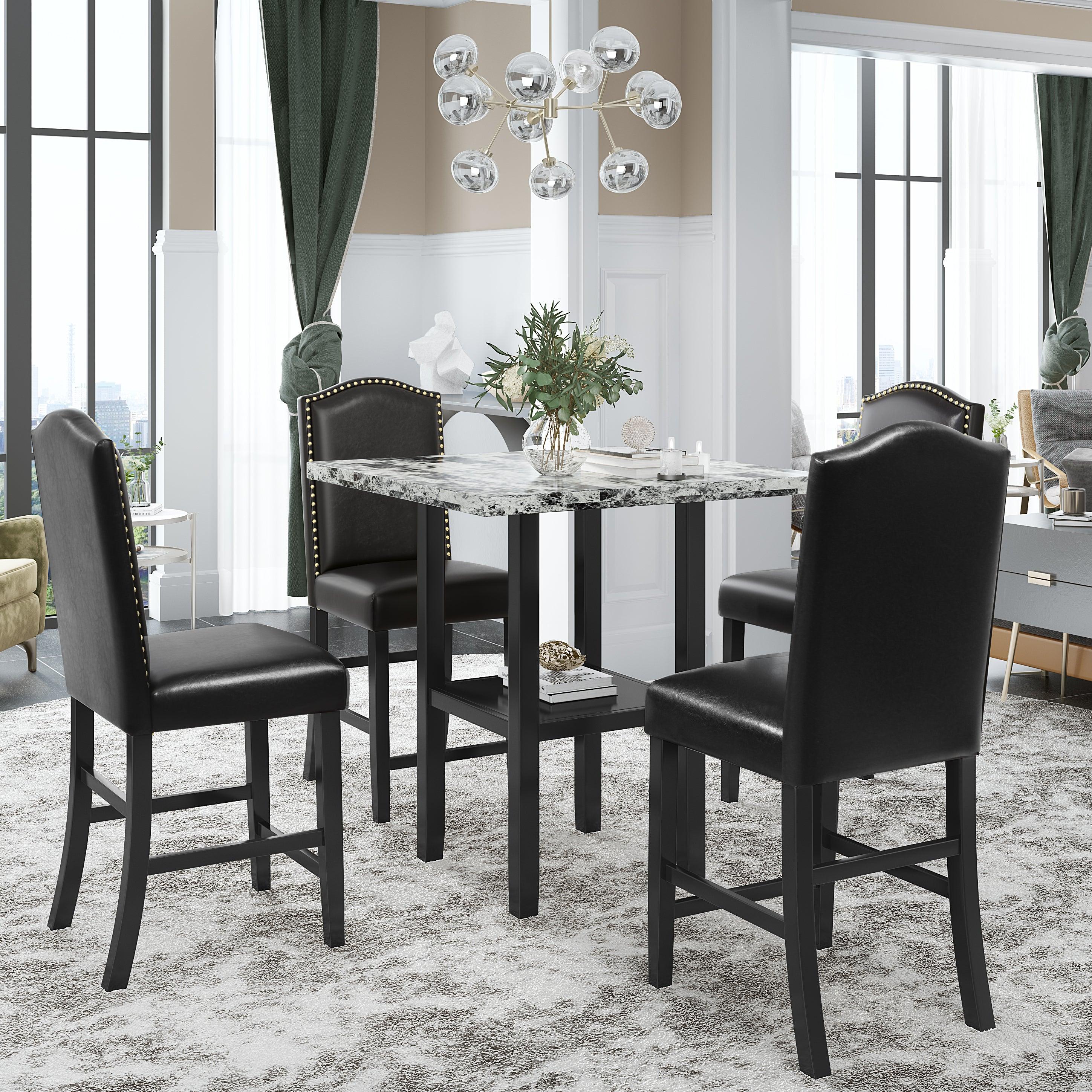 5 Piece Dining Set with Matching Chairs and Bottom Shelf for Dining Room, Black Chair+Gray Table