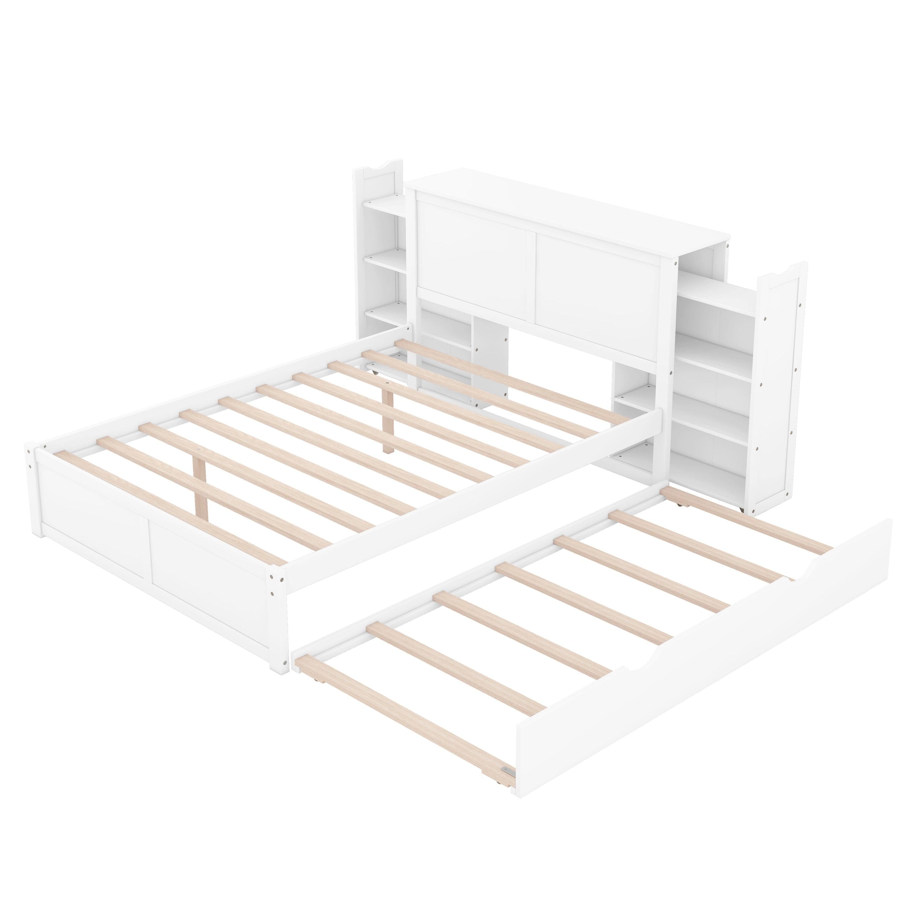 Full SizeStorage Platform Bed with Pull Out Shelves and Twin Size Trundle, White