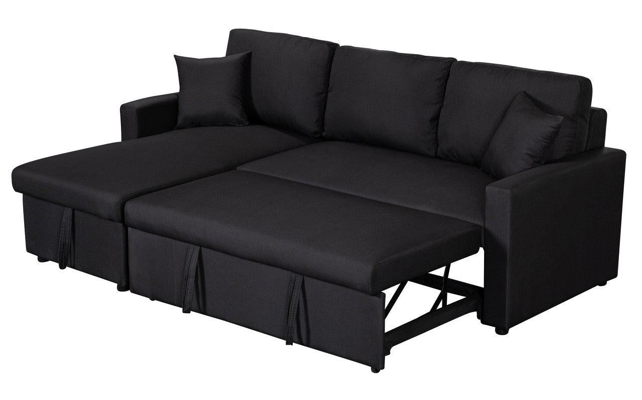 Paisley Black Linen Fabric Reversible Sleeper Sectional Sofa withStorage Chaise