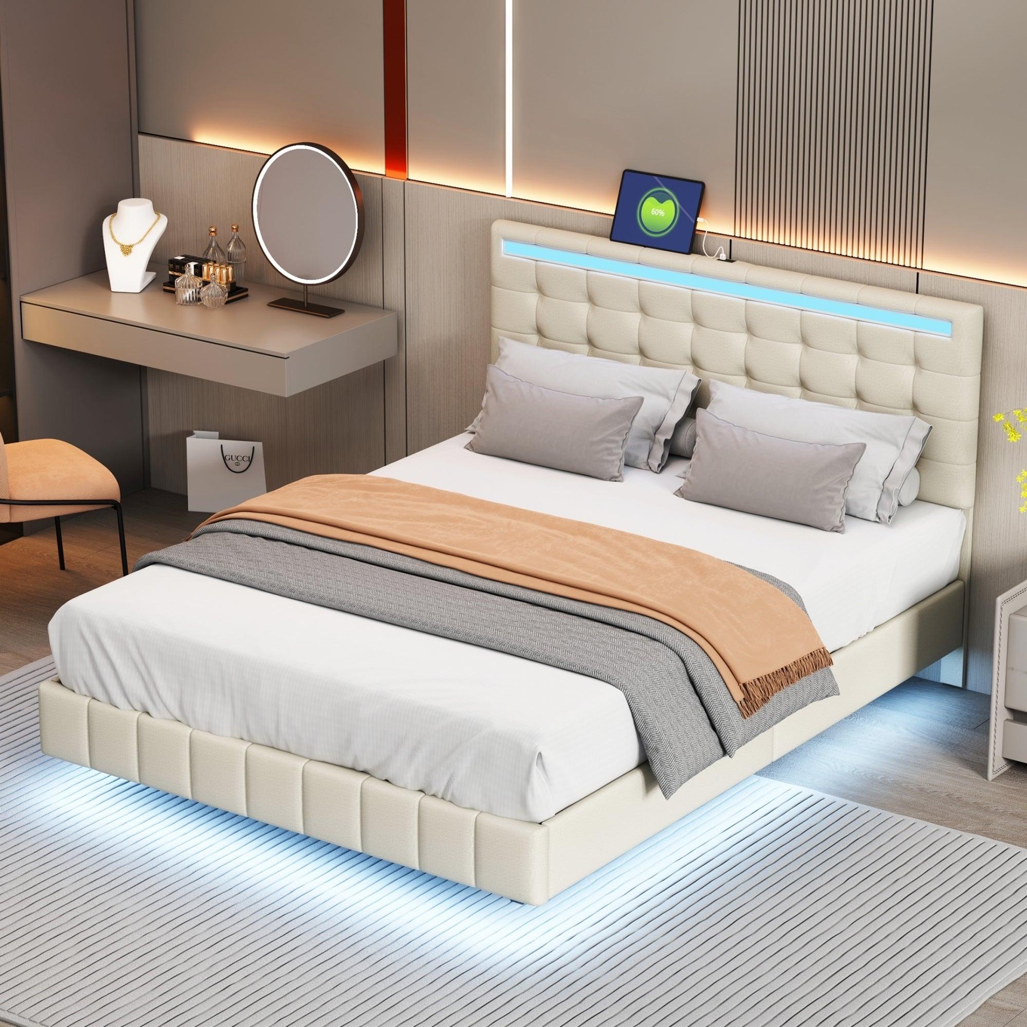 Queen Size Floating Bed Frame with LED Lights and USB Charging,Modern Upholstered Platform LED Bed Frame,Beige