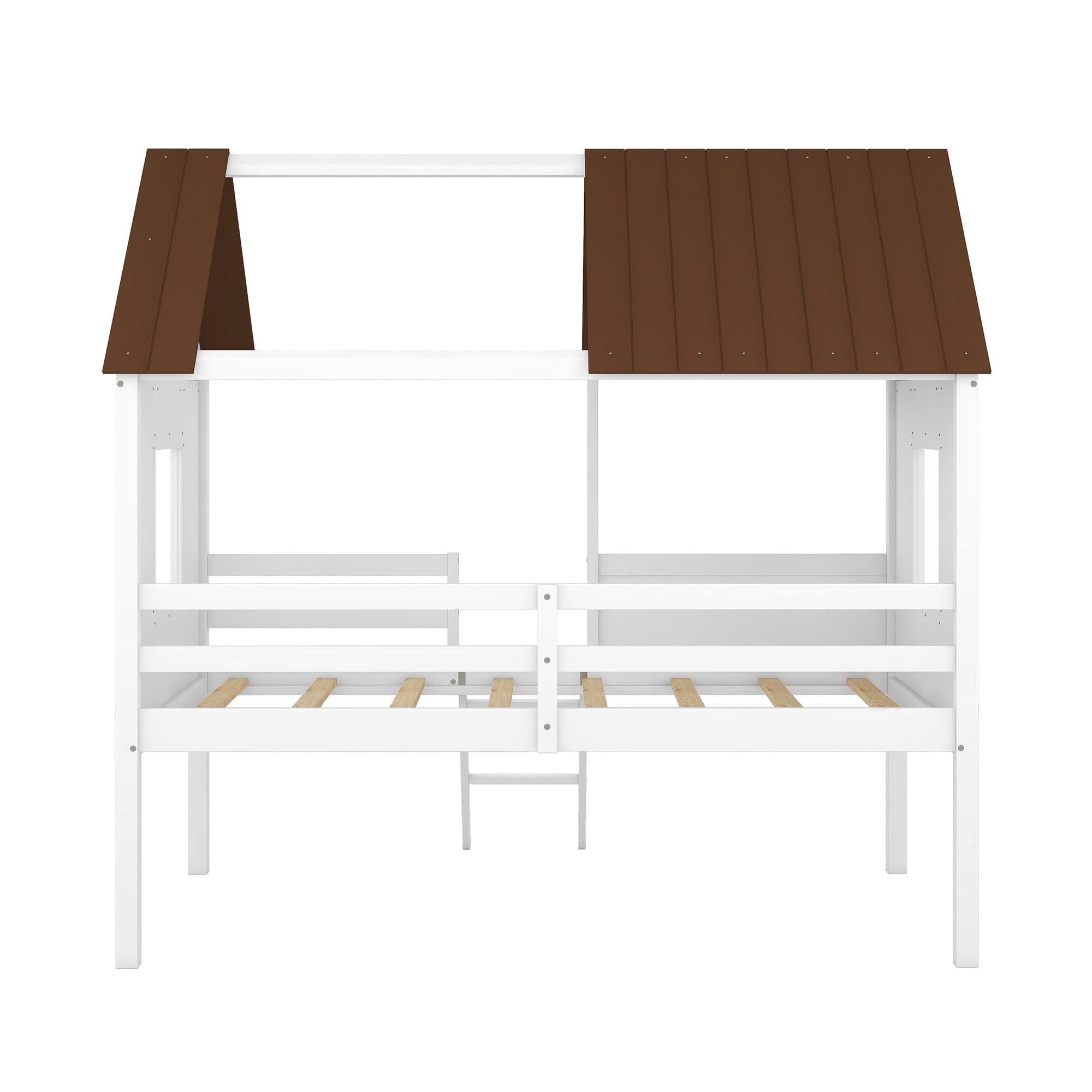 Twin Size Low Loft Wood House Bed with Two Side Windows  (White+Brown)