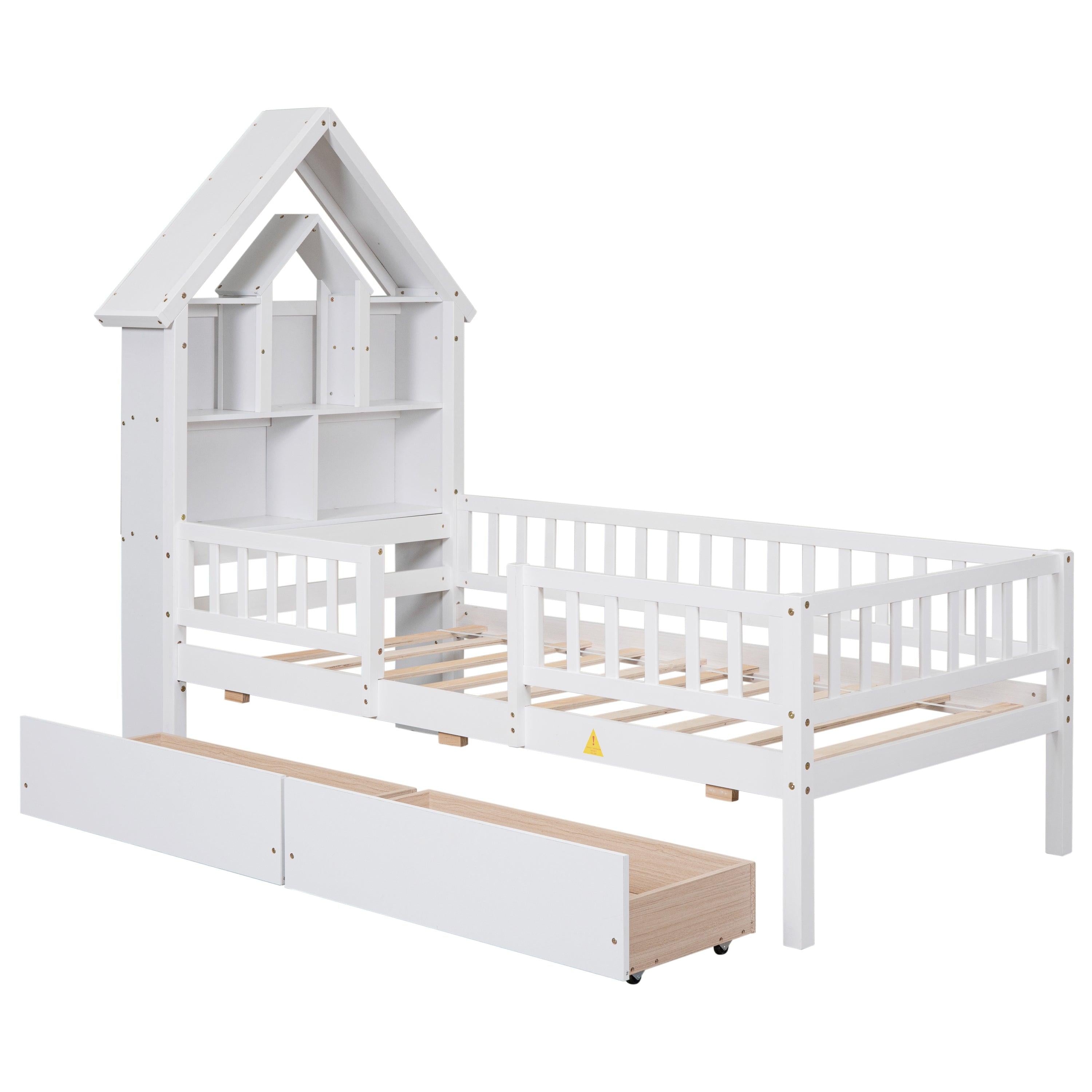 Twin Size House-Shaped Headboard Bed with Fence Guardrails and Drawers ,White