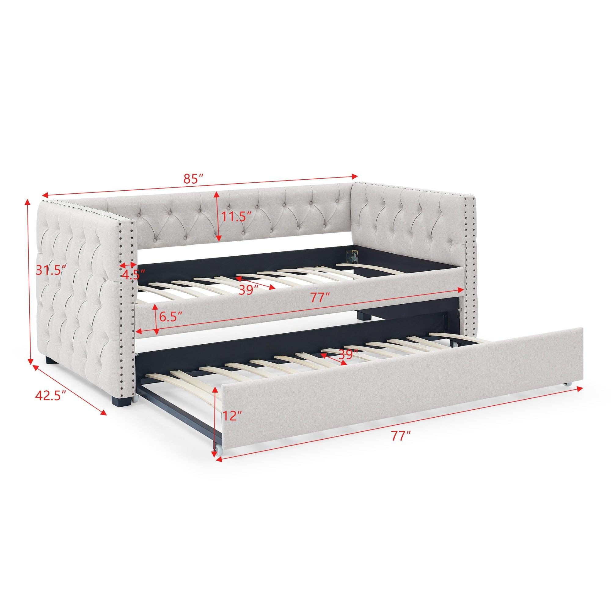 Daybed with Trundle Upholstered Tufted Sofa Bed, with Button and Copper Nail on Square Arms，both Twin Size, Beige（85“x42.5”x31.5“）