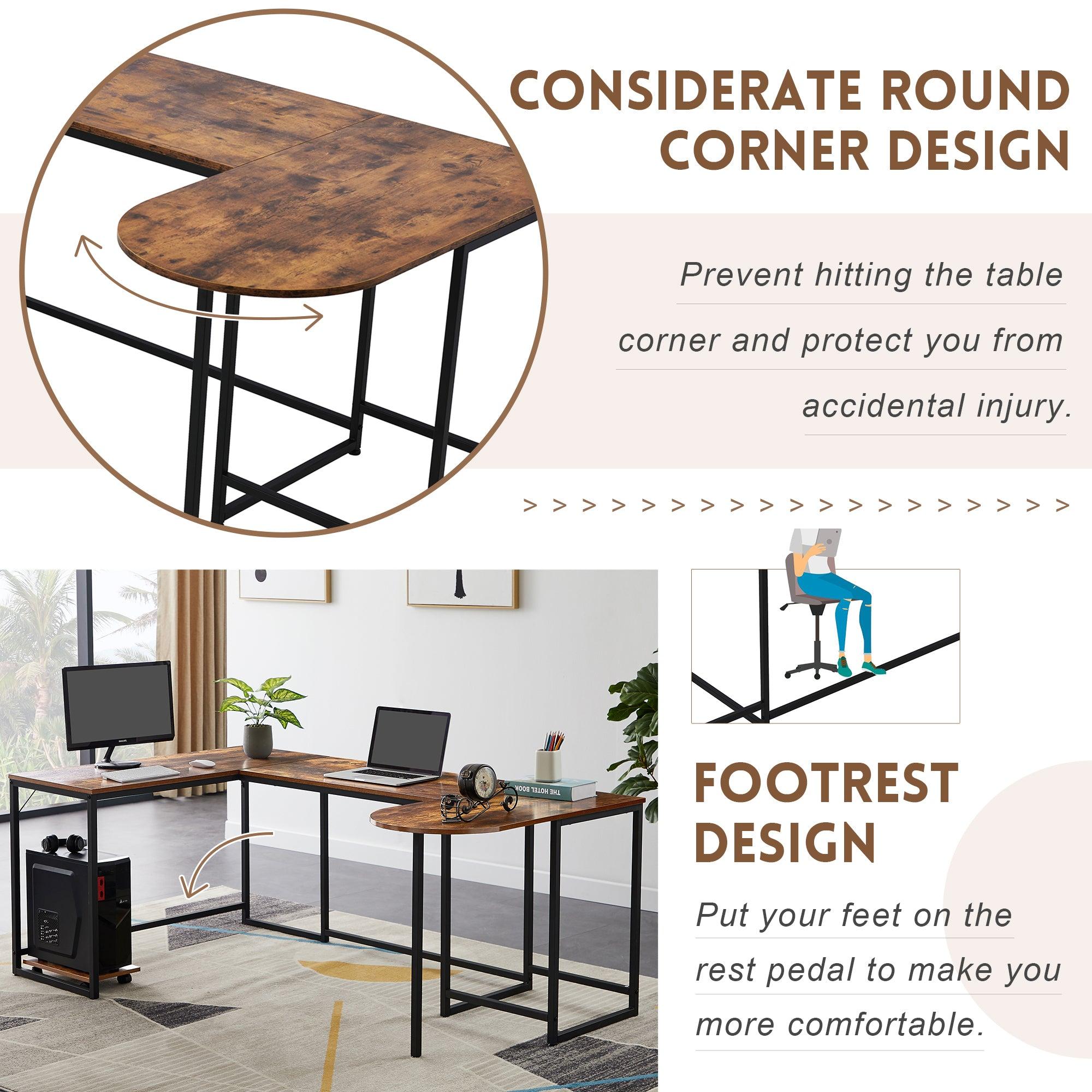 U-shaped Computer Desk, Industrial Corner Writing Desk with CPU Stand, Gaming Table Workstation Desk for Home Office (Brown)