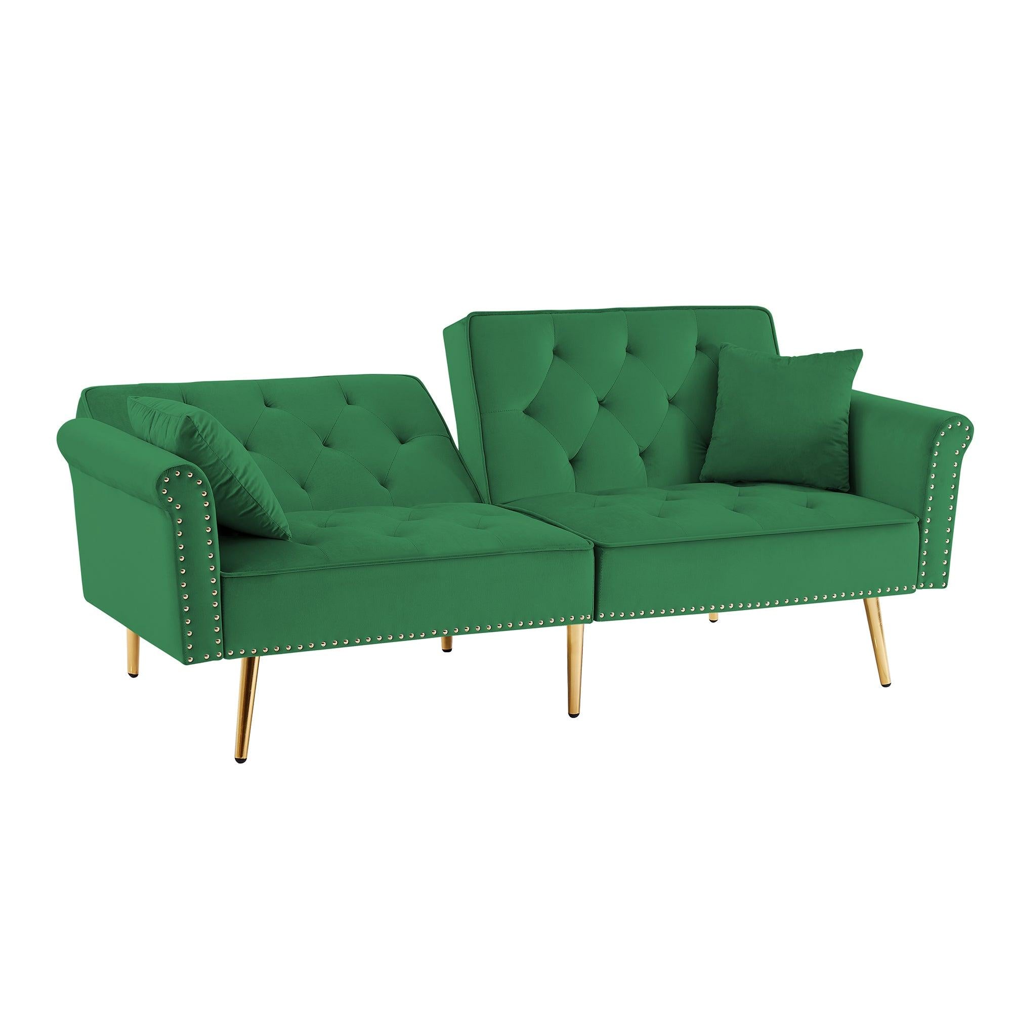 Modern Velvet Tufted Sofa Couch with 2 Pillows and Nailhead Trim, Loveseat Sofa Futon Sofa Bed with Metal Legs  for Living Room.