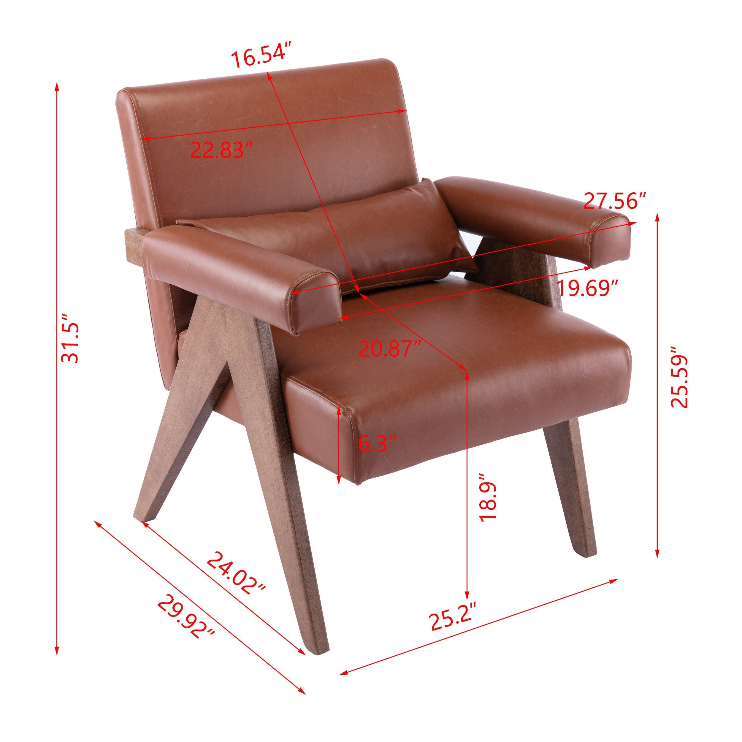 Accent chair, KD rubber wood legs with Walnut finish. PU leather cover the seat. With a cushion.Brown