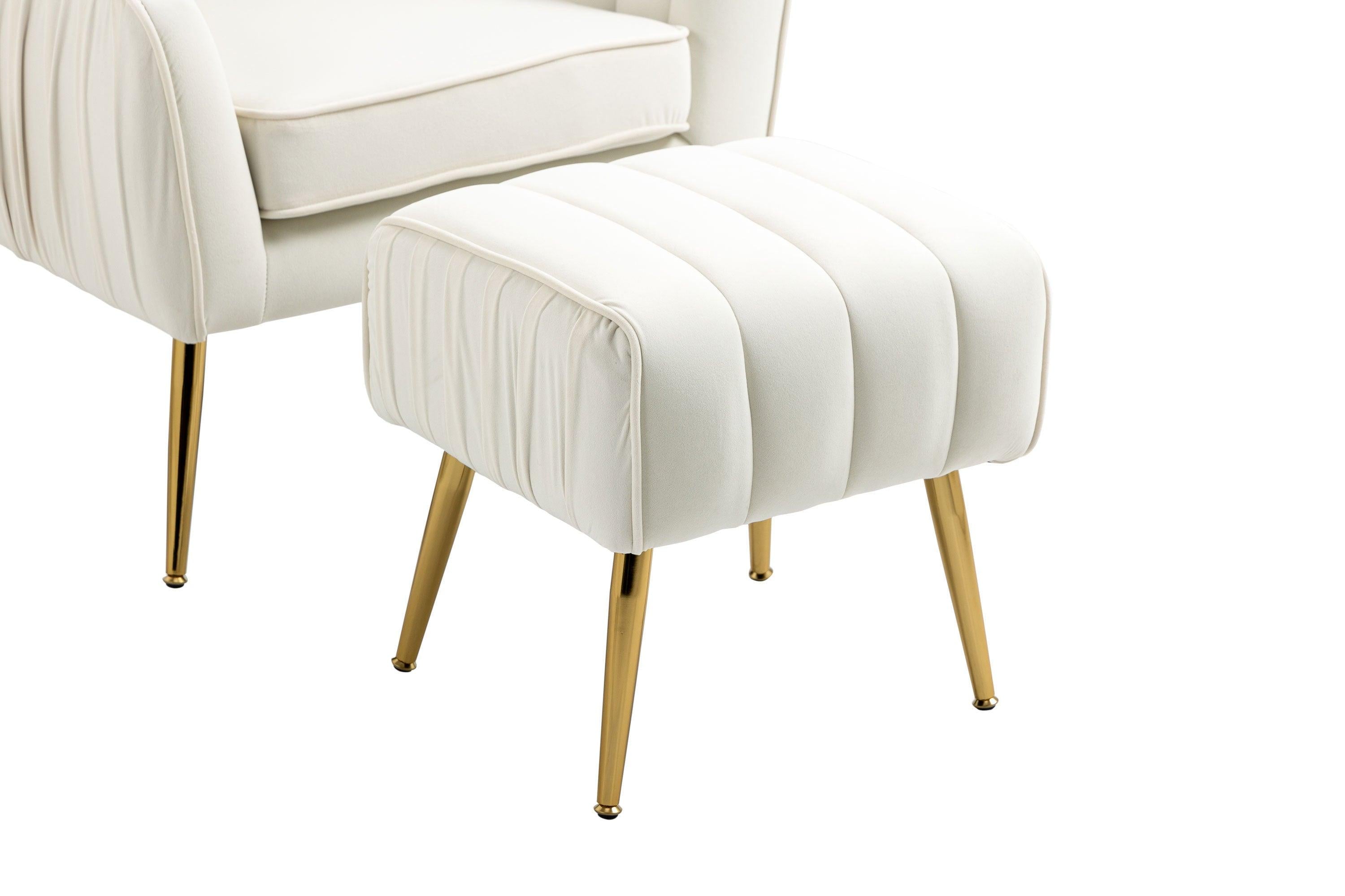 Velvet Accent Chair with Ottoman,Modern Tufted Barrel Chair Ottoman Set for Living Room Bedroom, Golden Finished, Beige