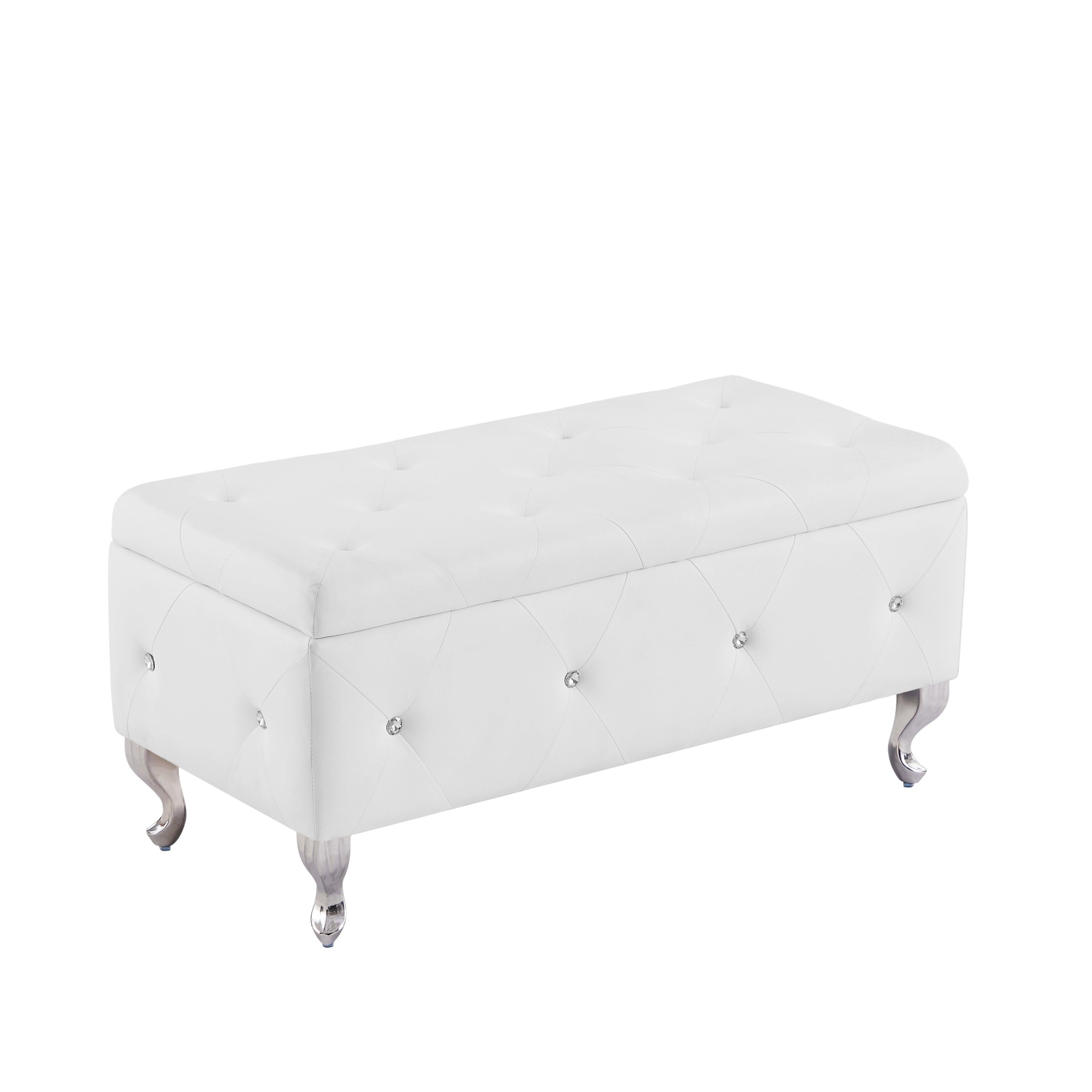 Storage Bench, Flip Top Entryway Bench Seat with Safety Hinge,Storage Chest with Padded Seat, Bed End Stool for Hallway Living Room Bedroom, Supports 250 lb,White PU