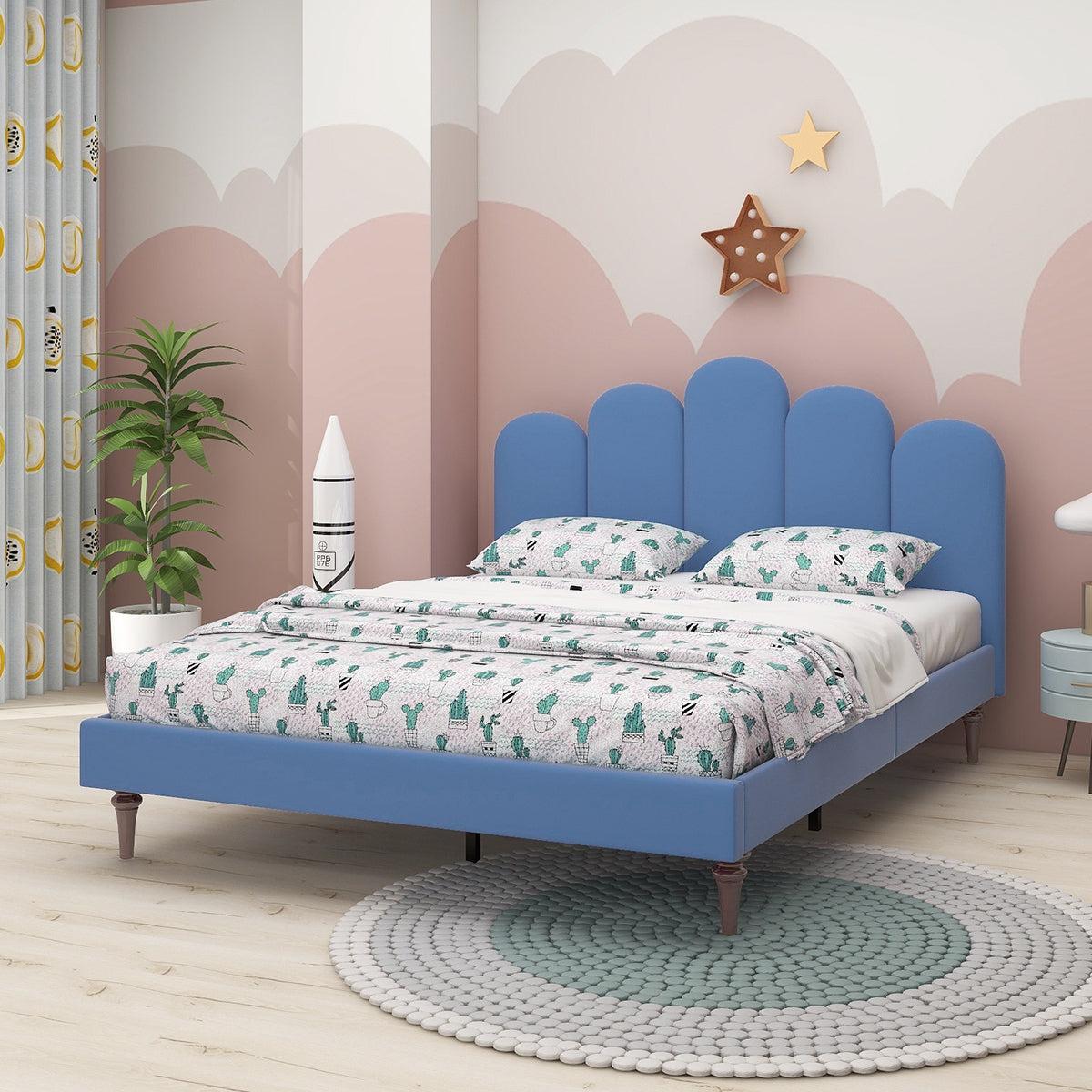 Queen Size Linen  Upholstered Platform Bed With Wooden Slat and Metal Support legs.Blue Color