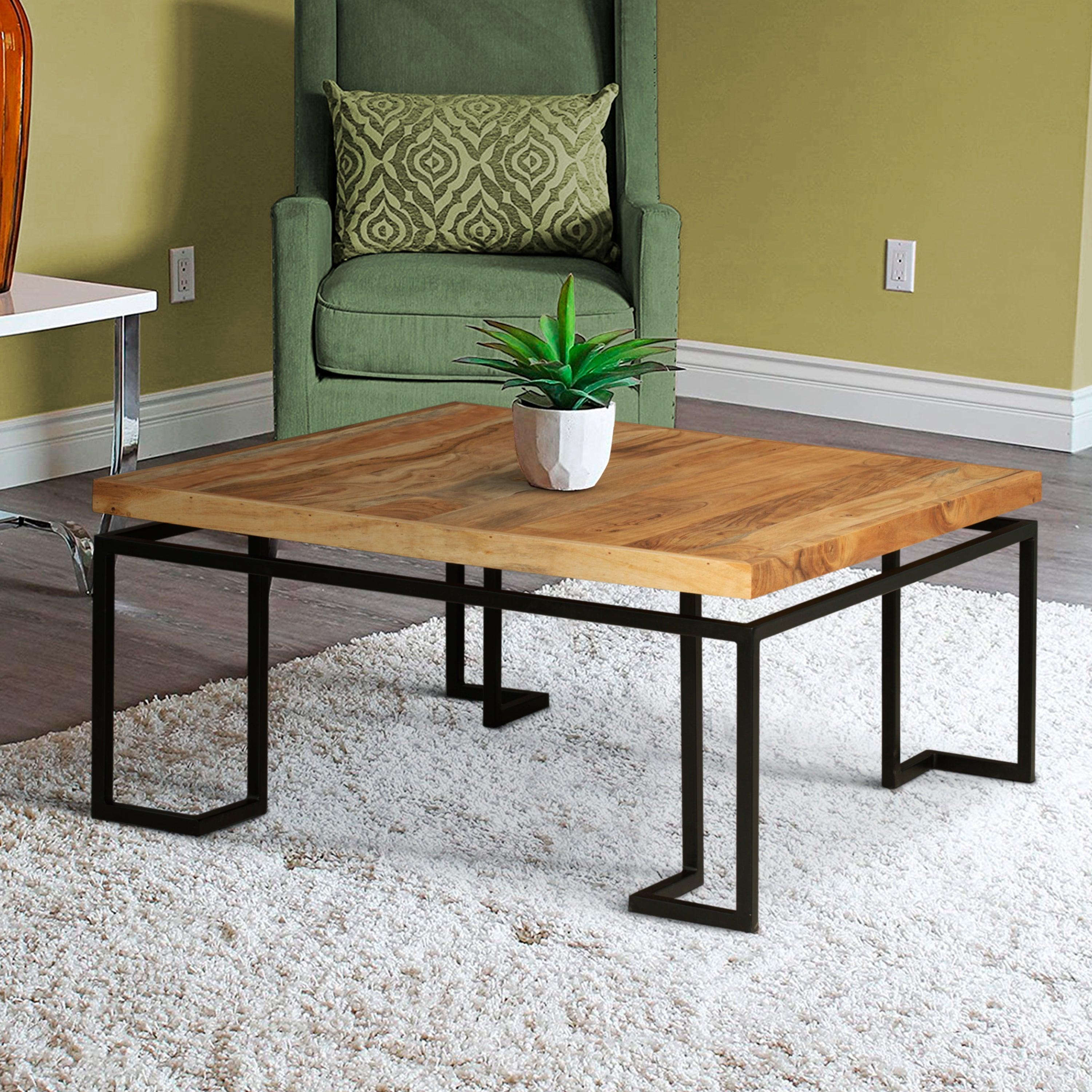 Square Coffee Table with Wooden Top and Geometric Frame, Brown and Black