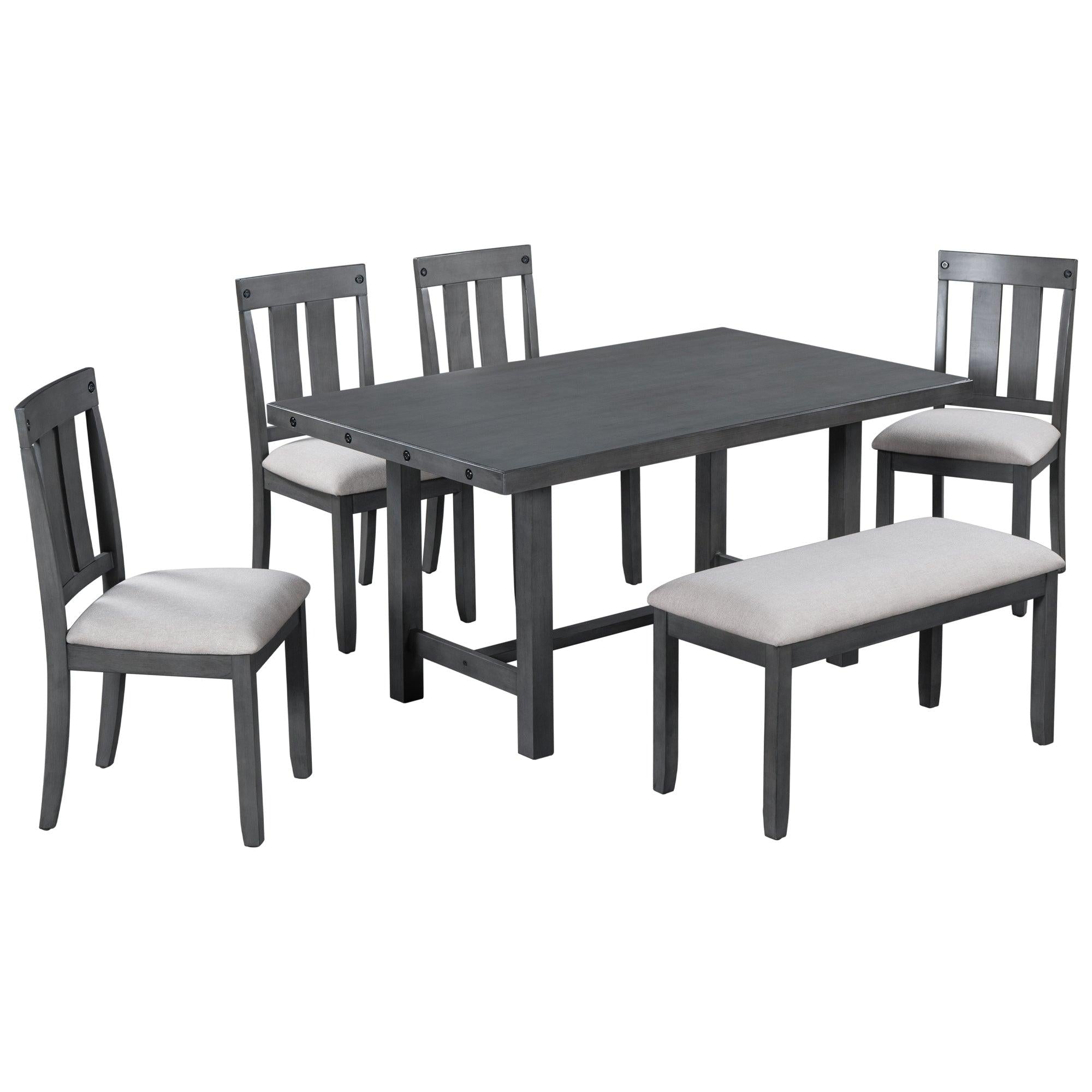 Rustic Farmhouse 6-Piece Wooden Rustic Style Dining Set, Including Table, 4 Chairs & Bench (Gray)