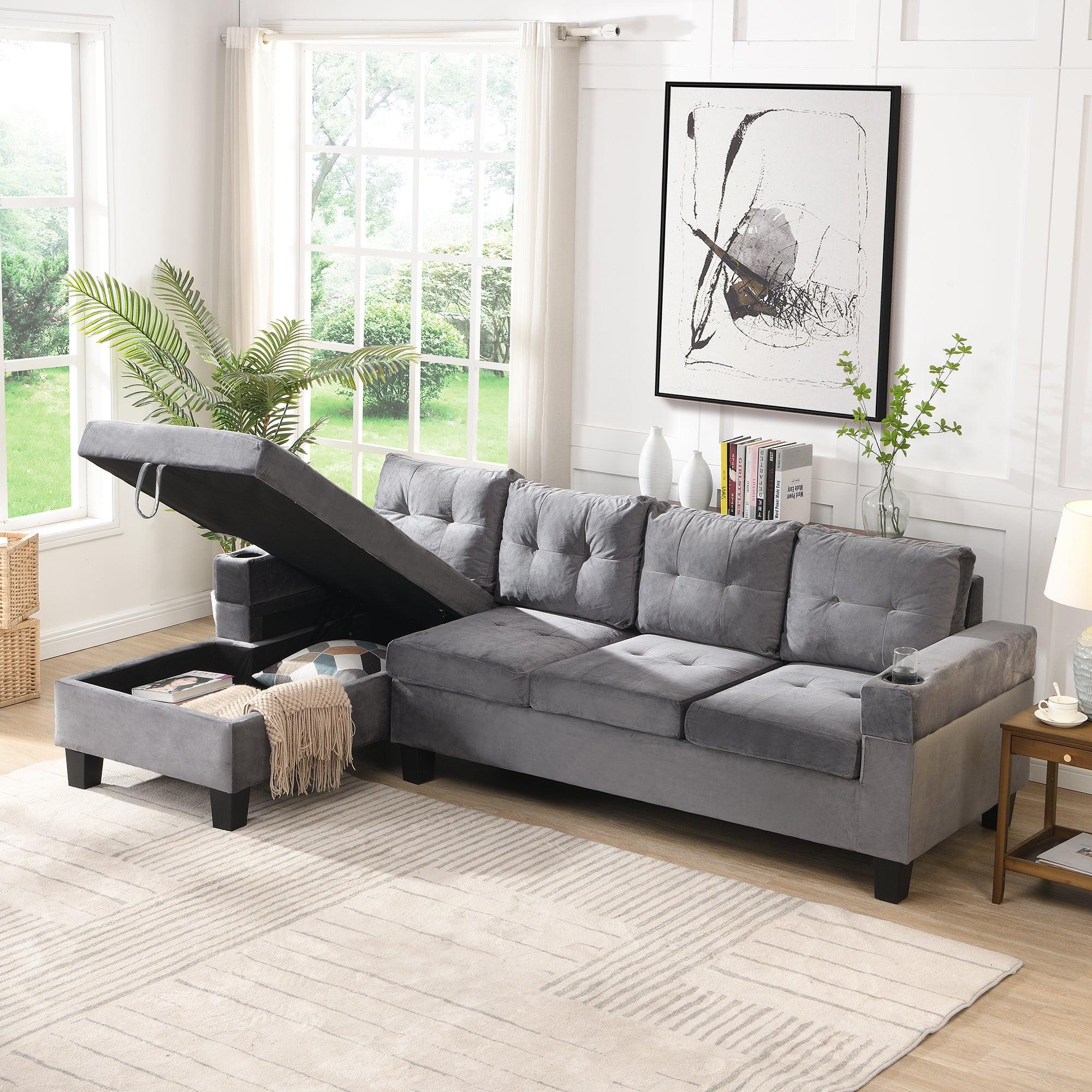 Sectional Sofa Set for Living Room with L Shape  Chaise Lounge ,cup holder and  Left  Hand withStorage Chaise Modern 4 Seat (Grey) 
--LEFT CHAISE WITHStorage