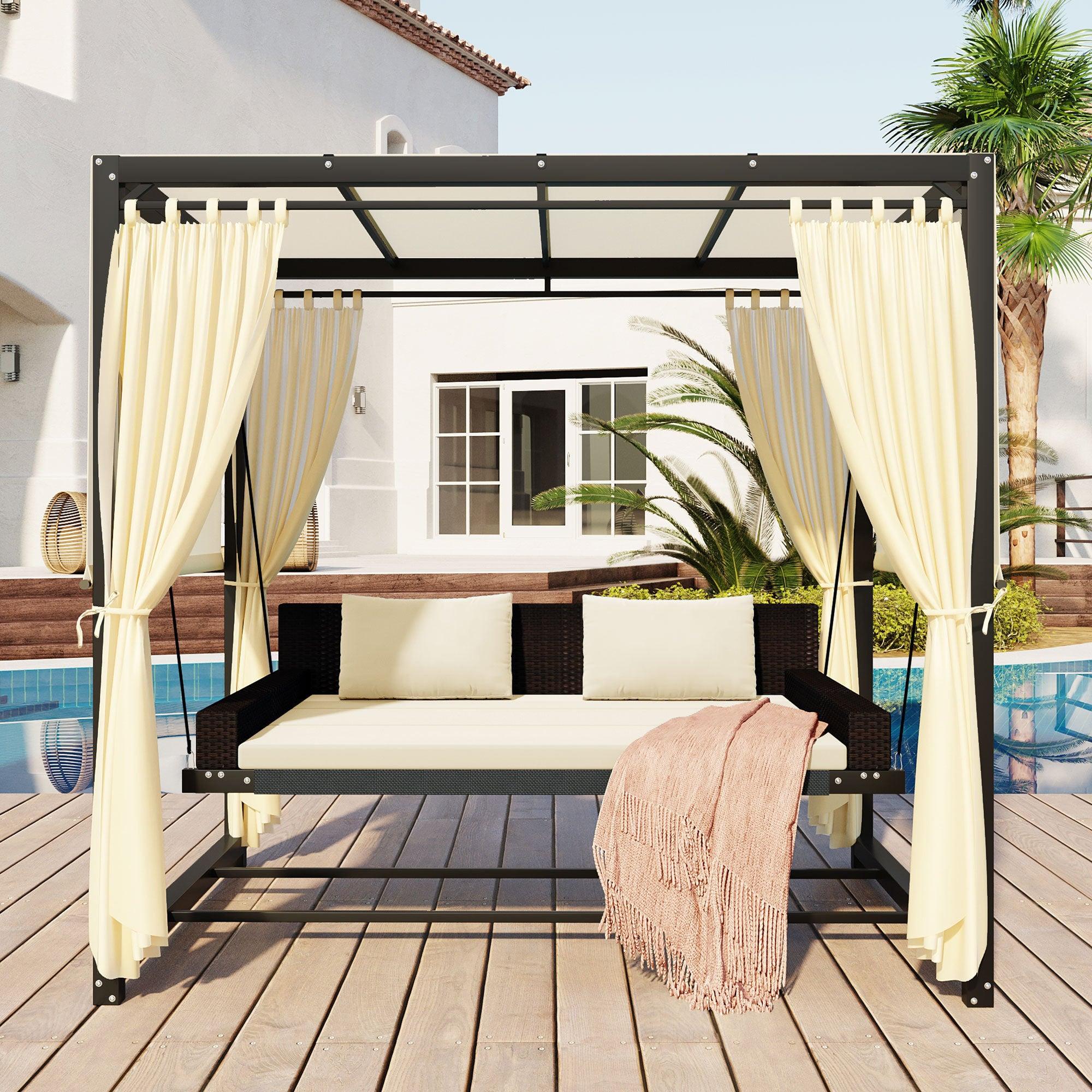 Outdoor Swing Bed with Beige Curtain and Beige Cushion