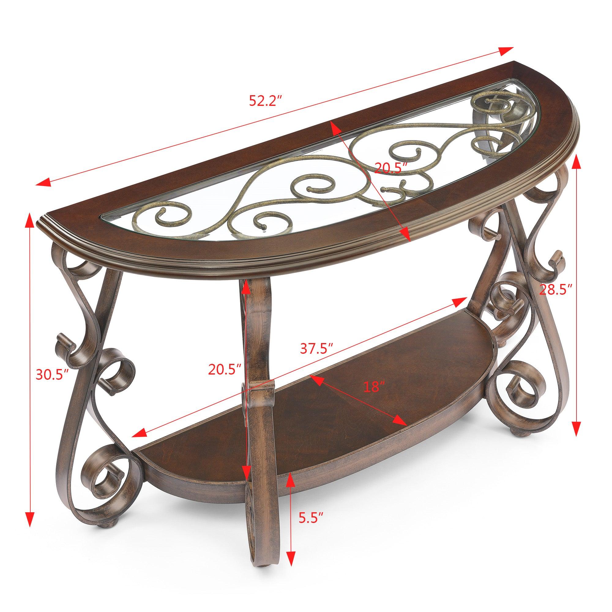 Console Table with Glass Table Top and Powder Coat Finish Metal Legs，Dark Brown （25.5"X25.5"X23.5")