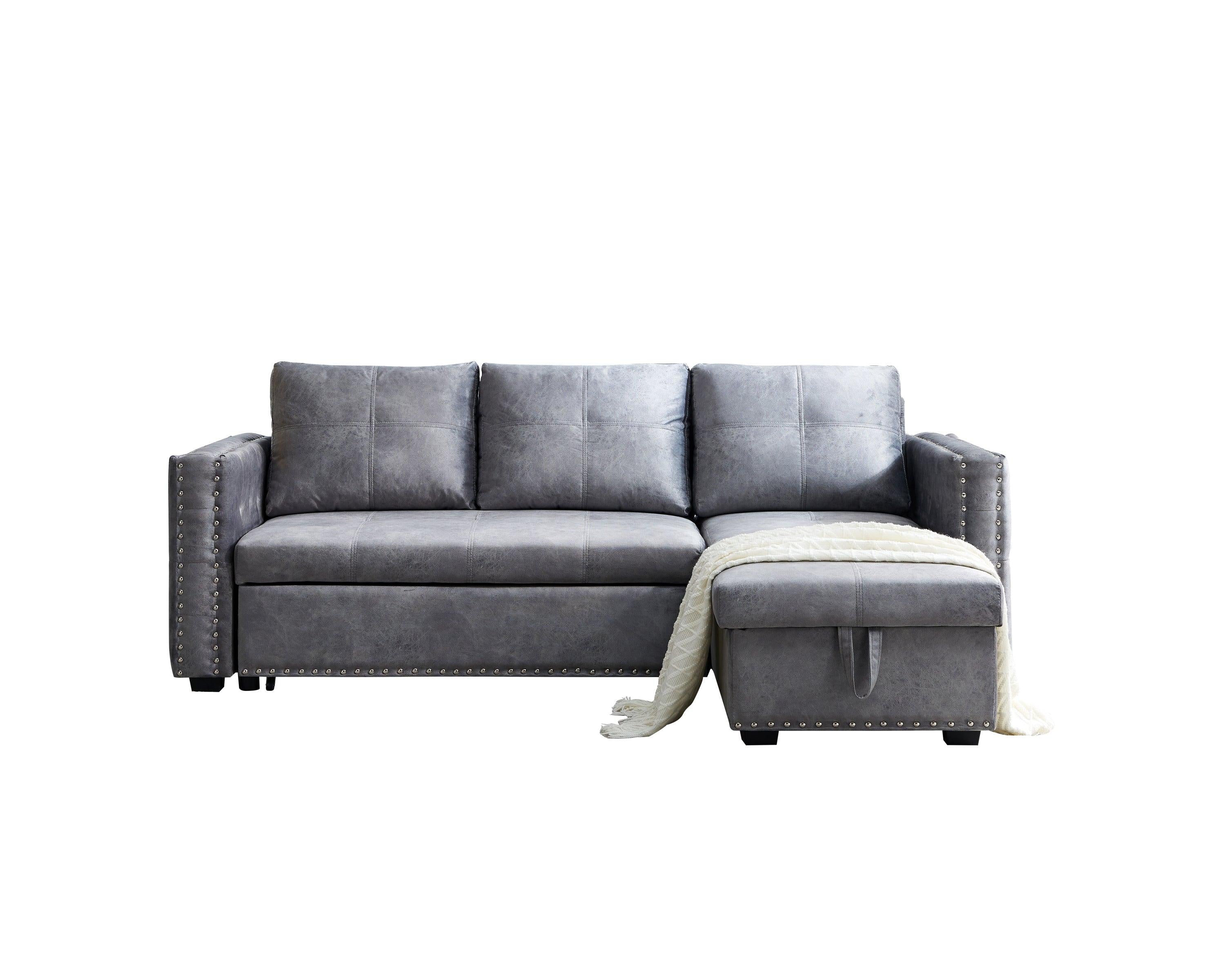 Sectional sofa with pulled out bed,  2 seats sofa and reversible chaise withStorage, both hands with copper nail, GREY, (91" x 64" x 37")