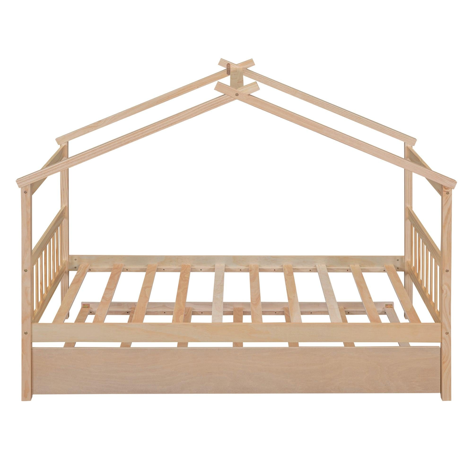 Twin Size Wooden House Bed with Twin Size Trundle, Natural