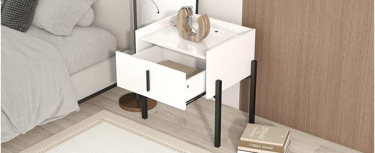 Nightstand with Drawer ,Storage Bedside Table with USB Charging Ports- White