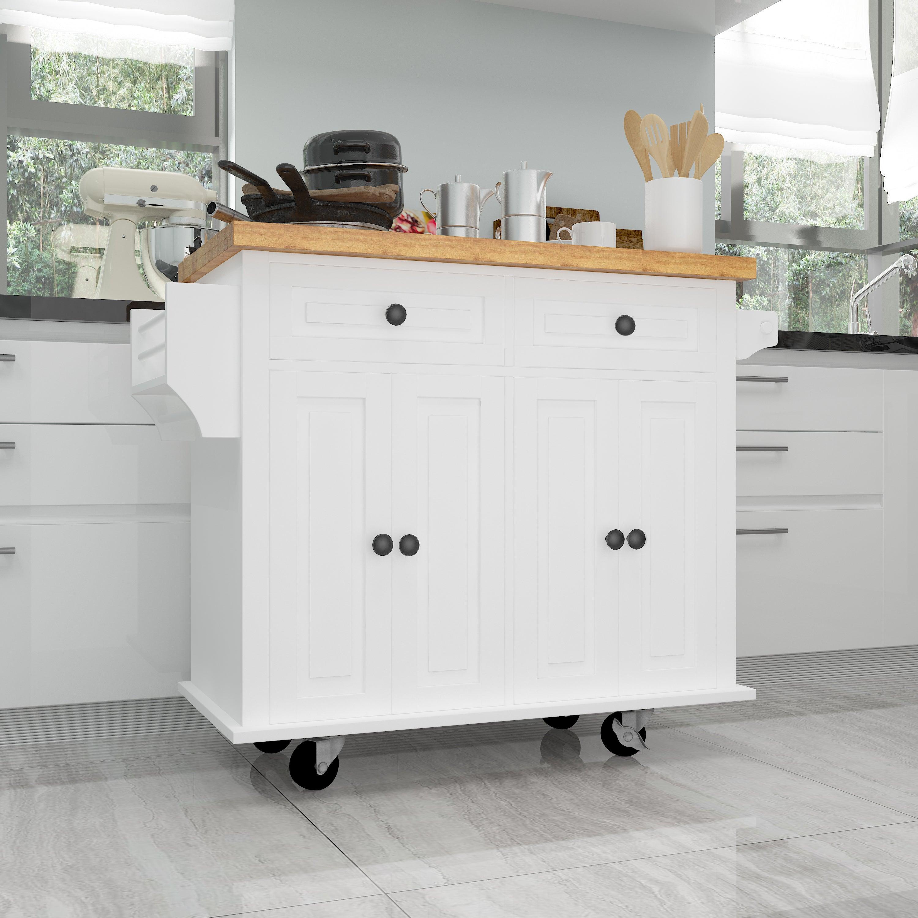 Kitchen Island Cart with TwoStorage Cabinets and Two Locking Wheels，43.31 Inch Width，4 Door Cabinet and Two Drawers，Spice Rack, Towel Rack （White）