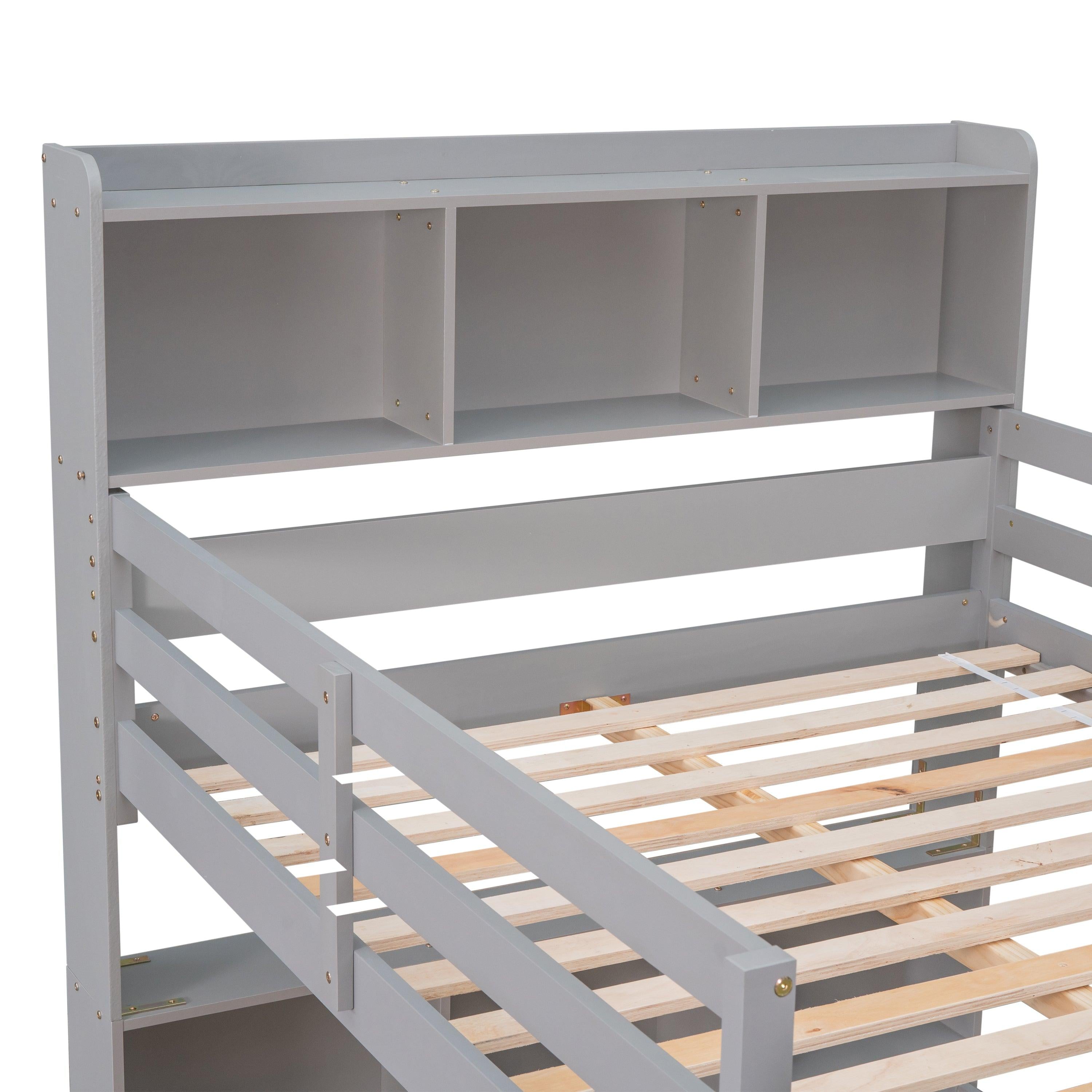 Full Over Full Bunk Beds with Bookcase Headboard, Solid Wood Bed Frame with Safety Rail and Ladder, Kids/Teens Bedroom, Guest Room Furniture, Can Be converted into 2 Beds, Grey