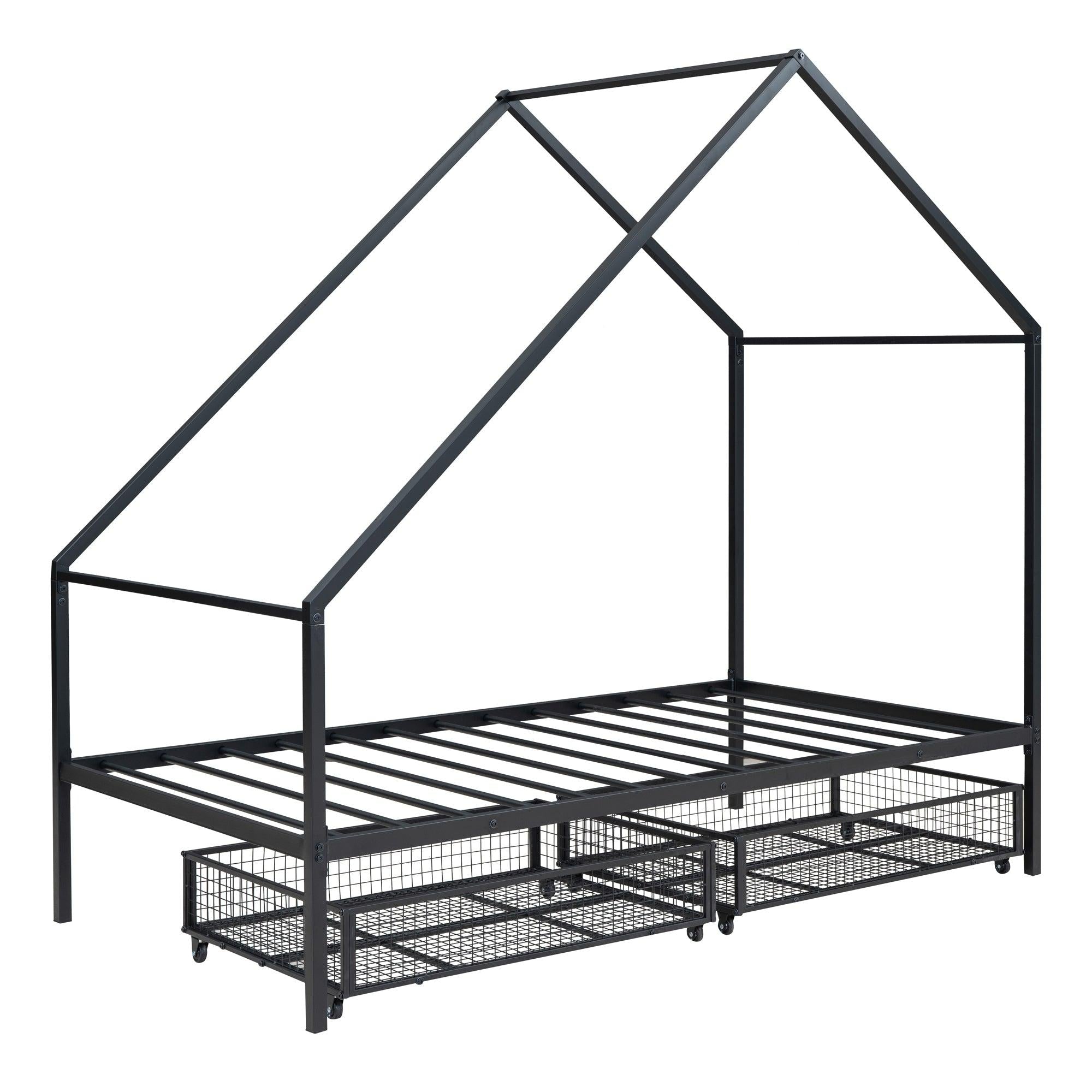 Twin Size Metal House Bed with TwoStorage Drawers, Black