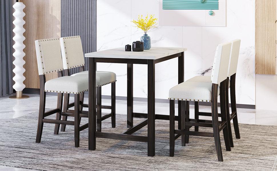 5 Piece Rustic Wooden Counter Height Dining Table Set with 4 Upholstered Chairs for Small Places, Faux Marble Top+Black Body