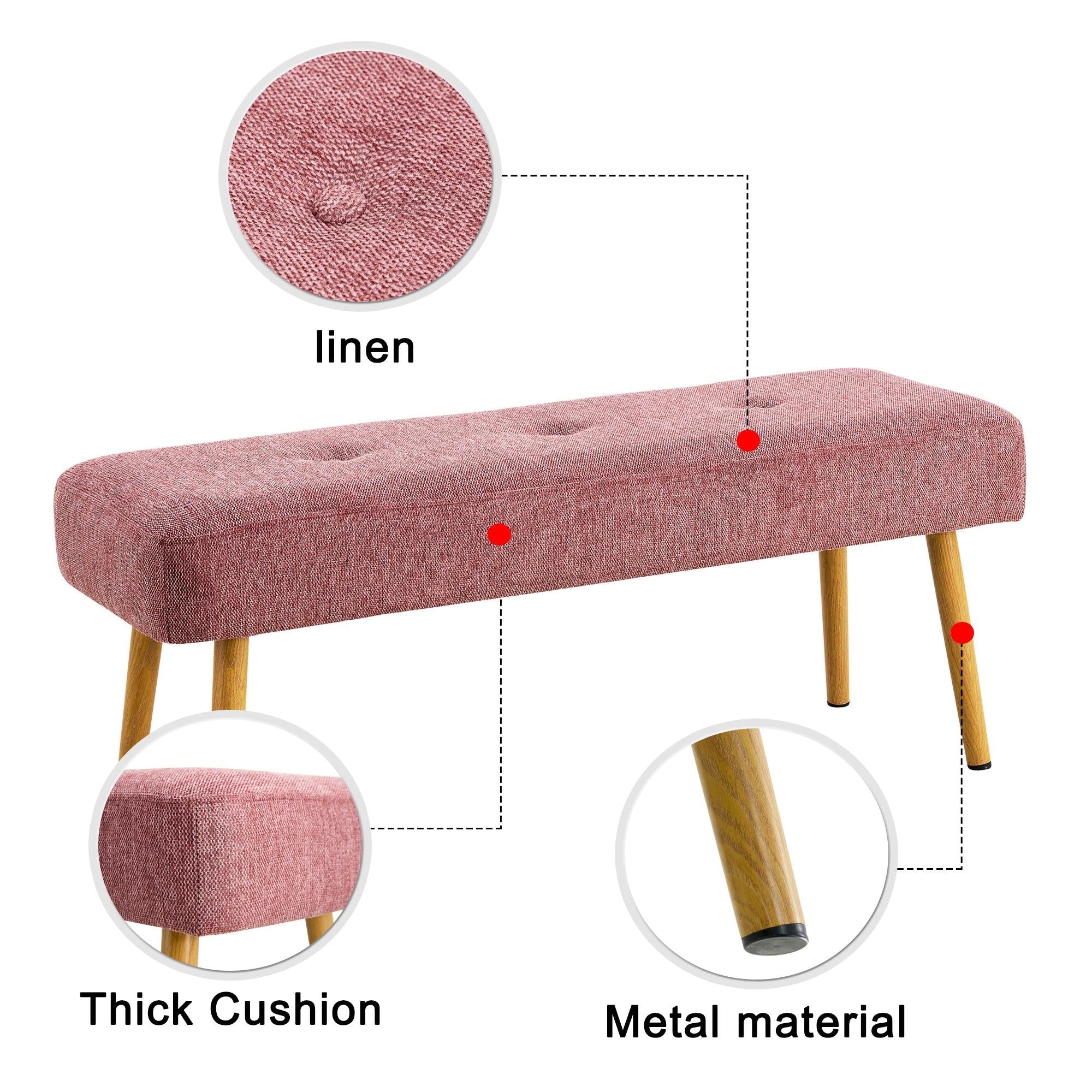 Linen Fabric Upholstered Bench With Gold Metal Legs .Shoe Changing Bench Sofa Bench Dining Chair .for to Bedroom Fitting Room, Store, Dining Room and Living Room.Dark Pink