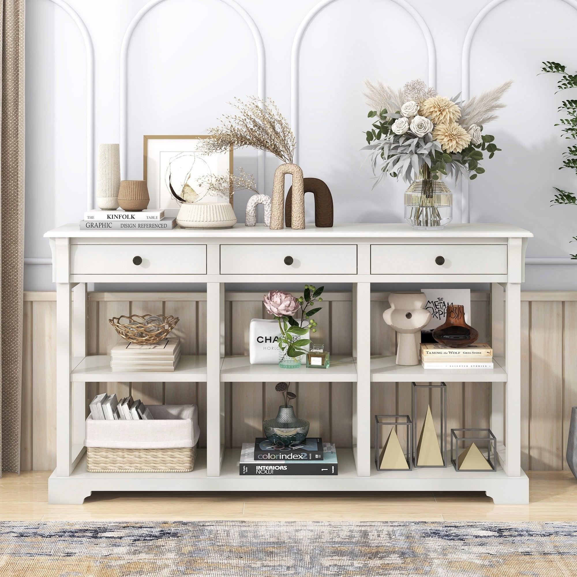 Retro Console Table/Sideboard with AmpleStorage, Open Shelves and Drawers for Living Room (Antique White)