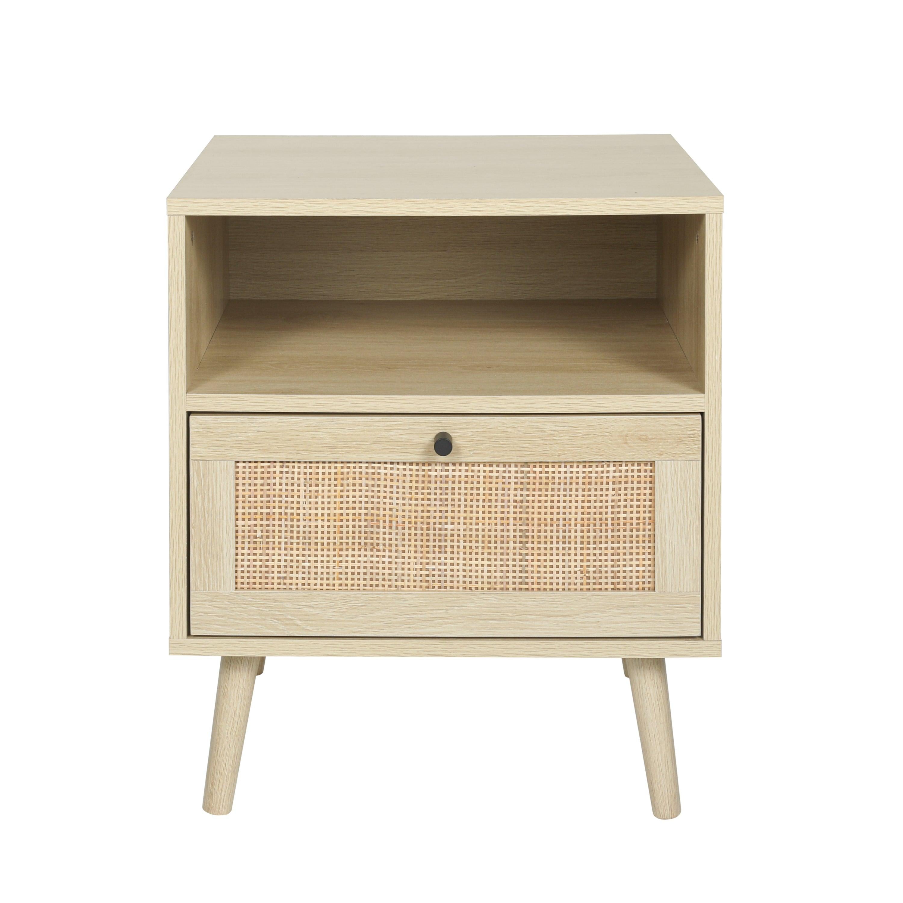 Rattan Nightstand, Wooden Bedside Table End Table for Living Room and Bedroom