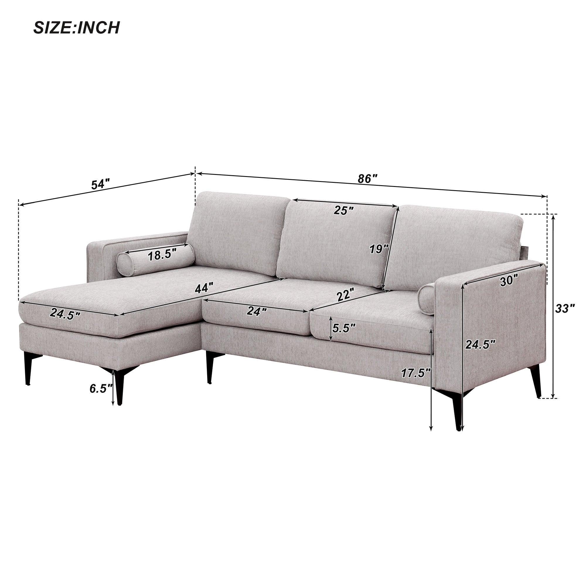 86" Convertible Sectional Sofa,Modern Chenille Fabric Sectional Sofa,  L-Shaped Couch 3-Seat Sofa Sectional with Reversible Chaise (2 Pillows)