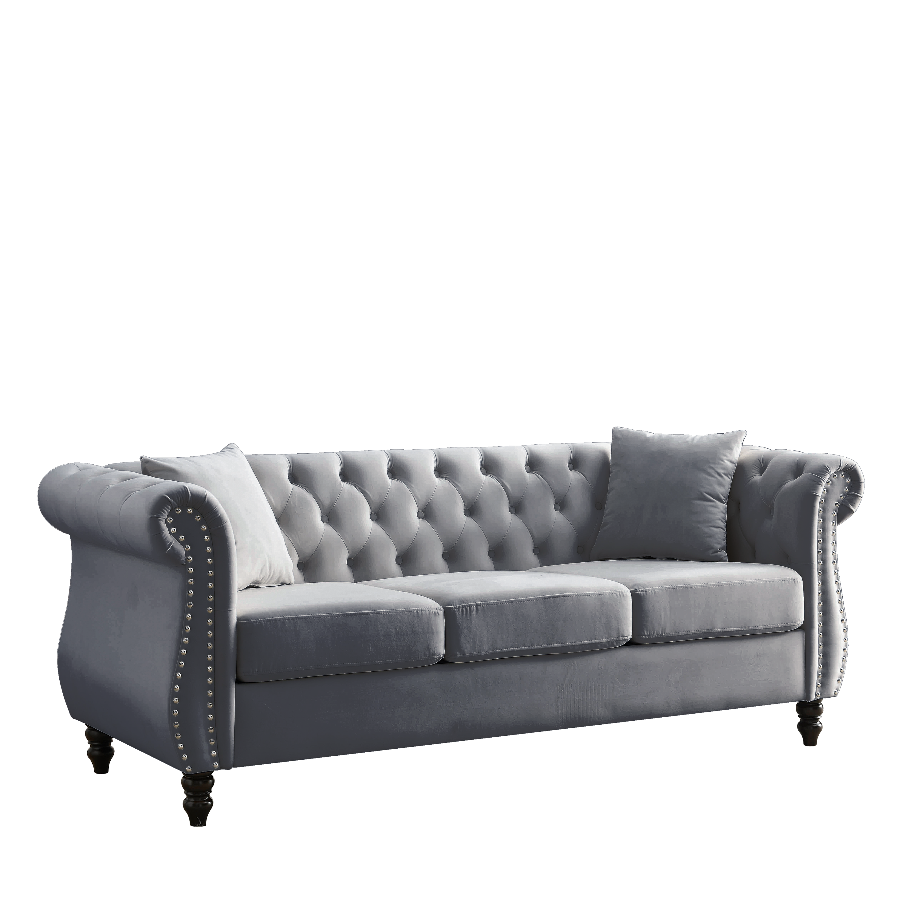 80" Chesterfield Sofa Grey Velvet for Living Room, 3 Seater Sofa Tufted Couch with Rolled Arms and Nailhead for Living Room, Bedroom, Office, Apartment, two pillows