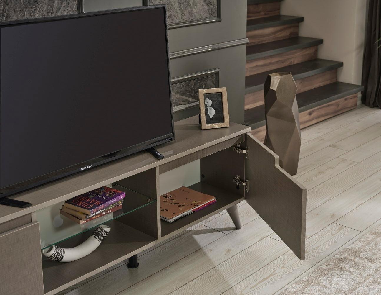 Denver Mid CenturyModern Tv Stand 2 Door Cabinets 1 Glass Shelf 66 inch Tv Unit, Brown