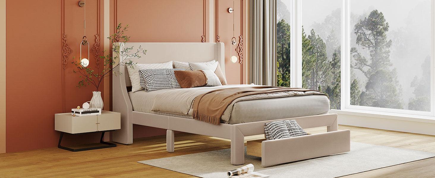 Full SizeStorage Bed Velvet Upholstered Platform Bed with a Big Drawer - Beige