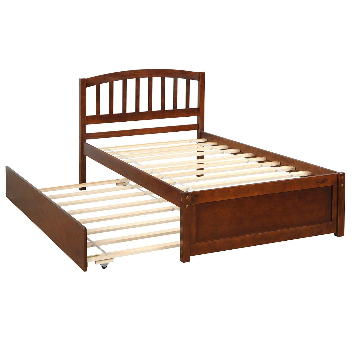 Twin size Platform Bed Wood Bed Frame with Trundle, Walnut