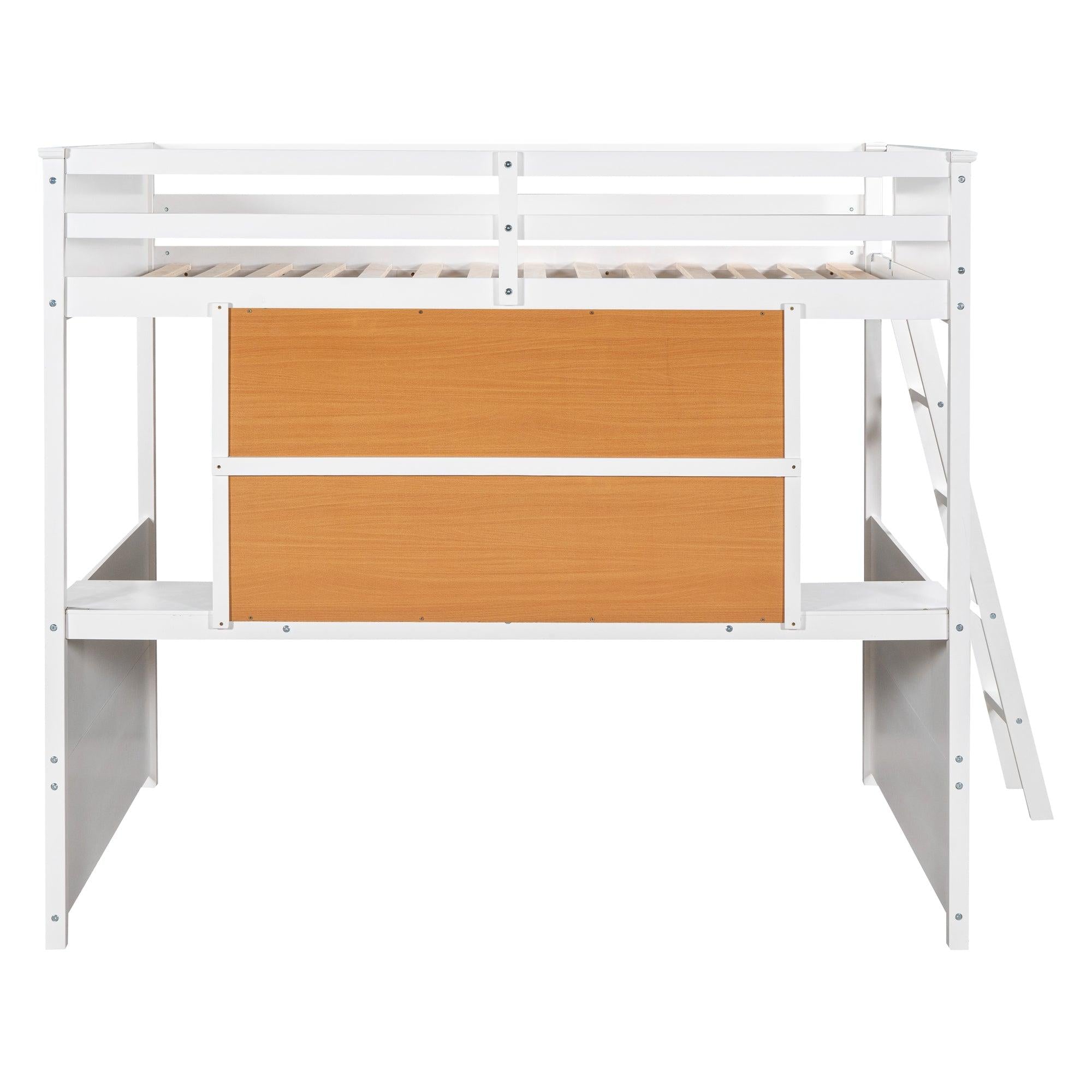 Full size Loft Bed with Desk and Writing Board, Wooden Loft Bed with Desk - White