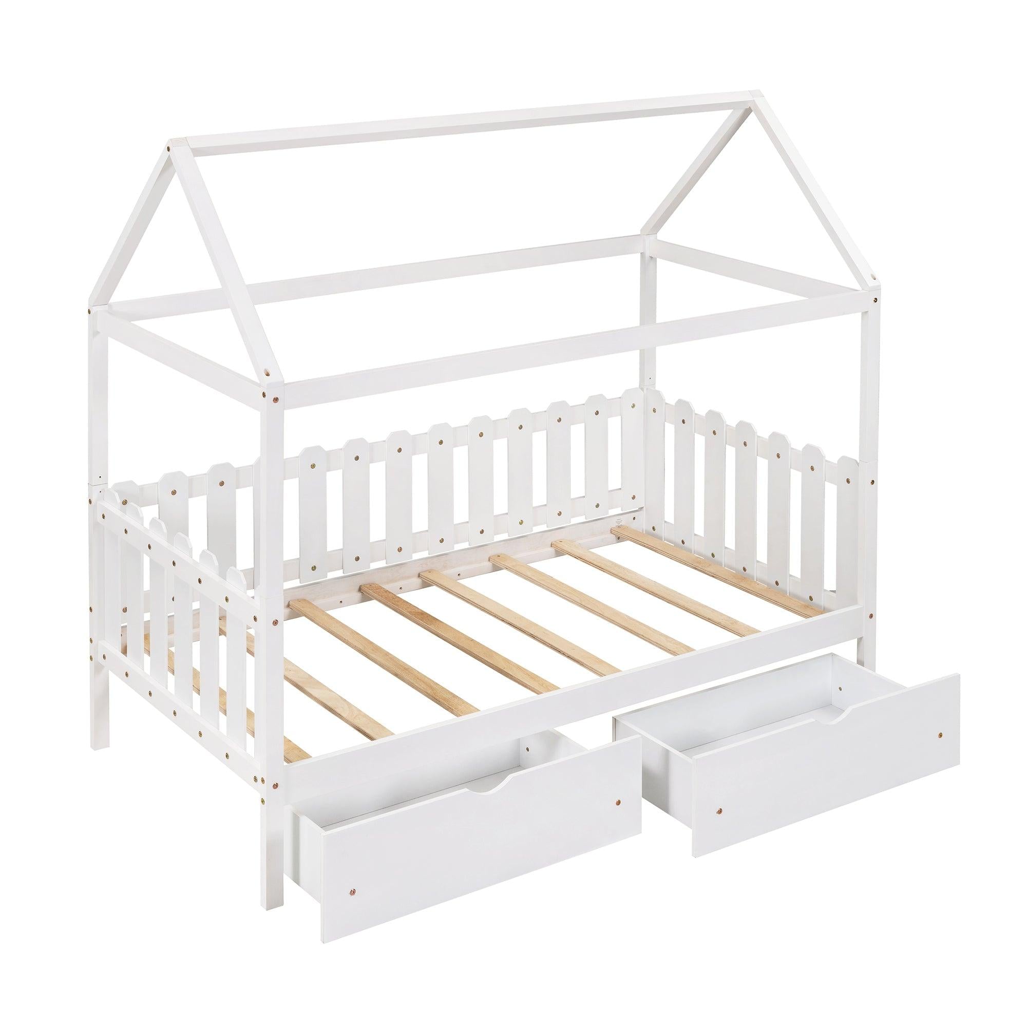 Twin Size House Bed with drawers, Fence-shaped Guardrail, White