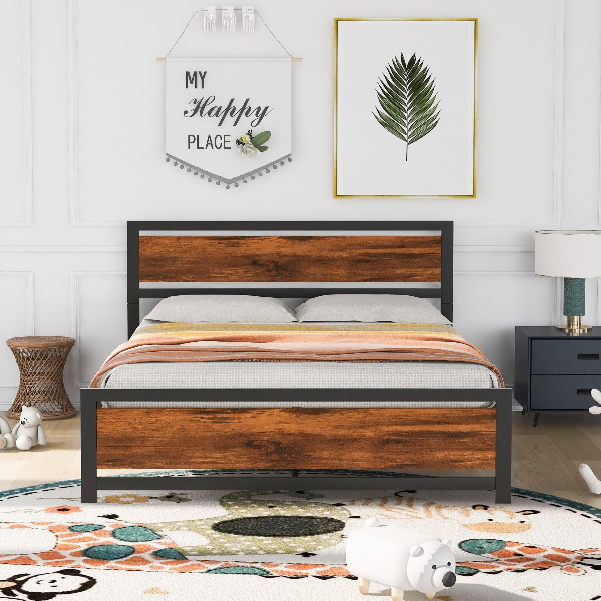 Metal and Wood Bed Frame with Headboard and Footboard ,Queen Size Platform Bed ,No Box Spring Needed, Easy to Assemble(Black)