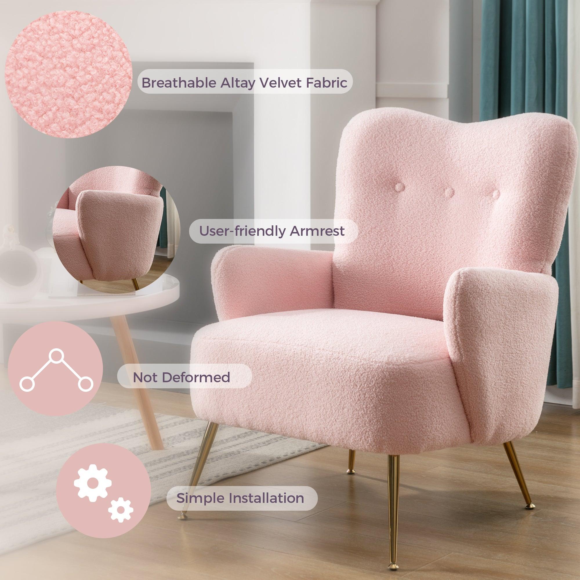 Cozy Teddy Fabric Arm Chair with Sloped High Back and Contemporary Metal Legs ,Pink